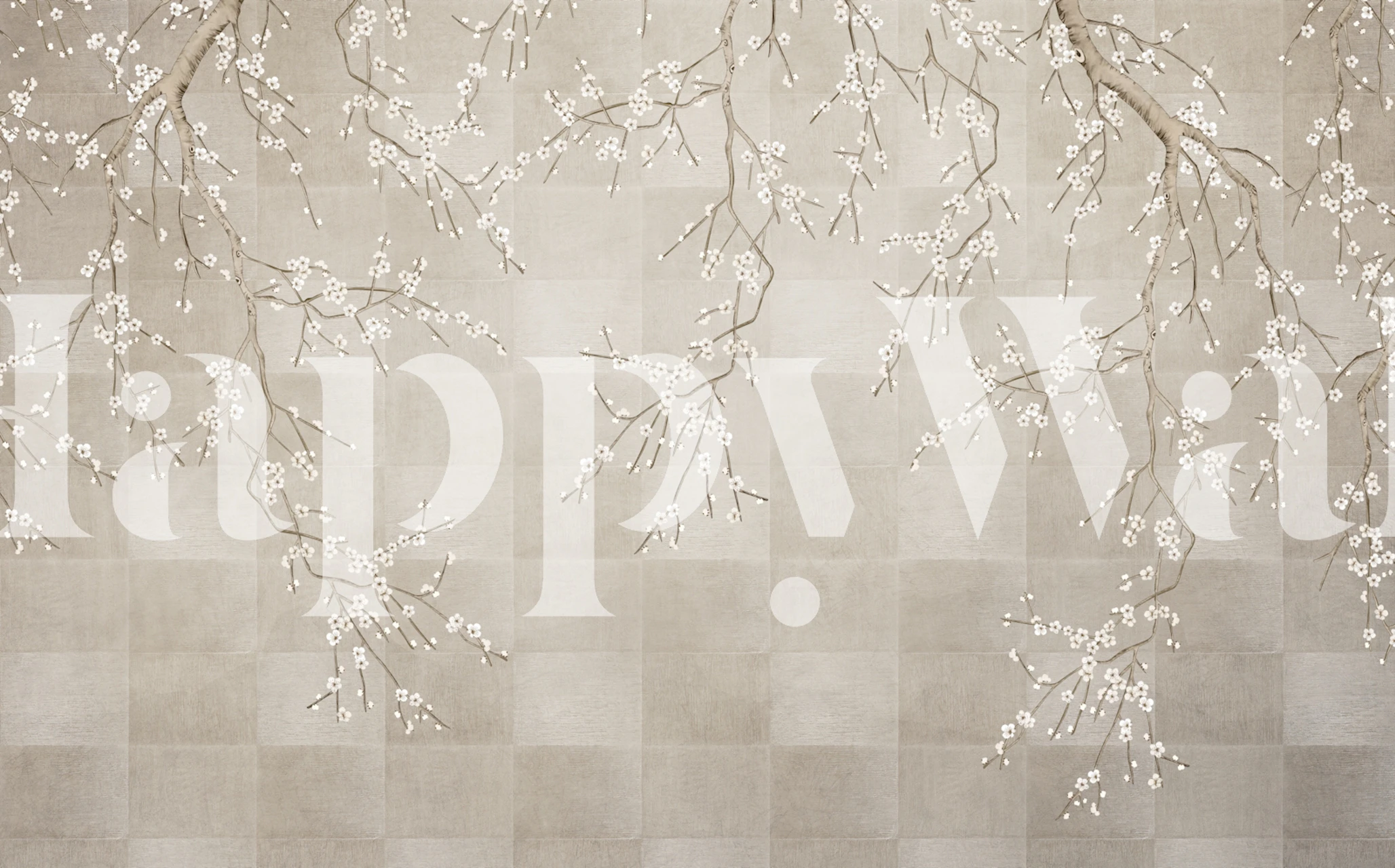 Neutral beige room with sakura branch wallpaper