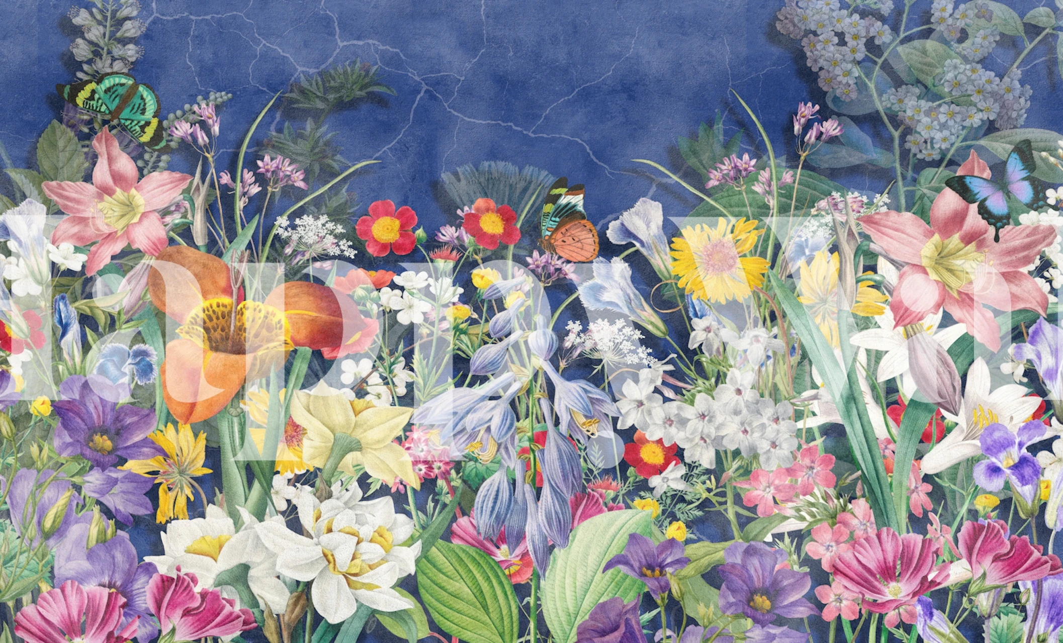 Midnight blue wildflower wallpaper in a room