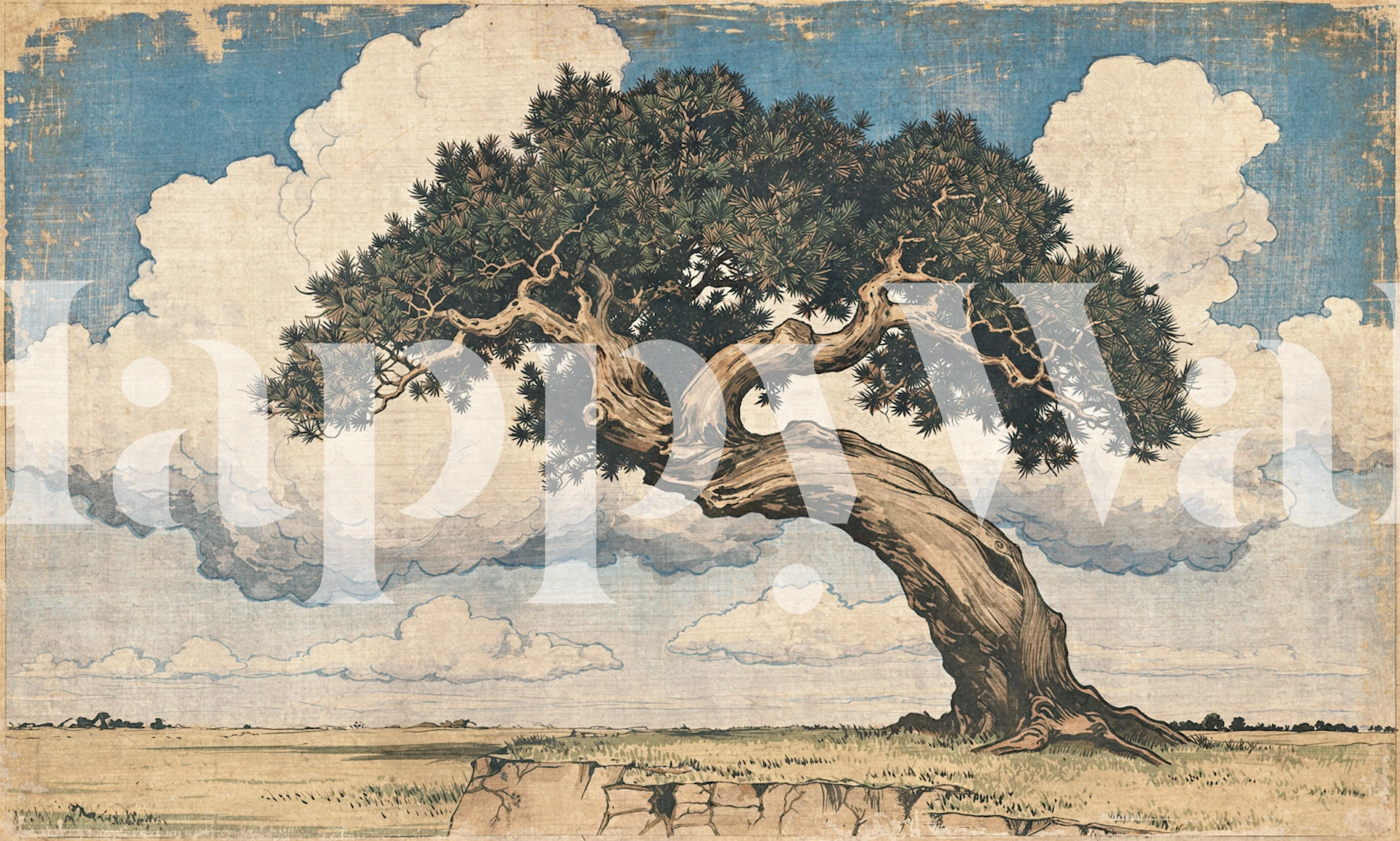Vintage bonsai pine wallpaper in a room