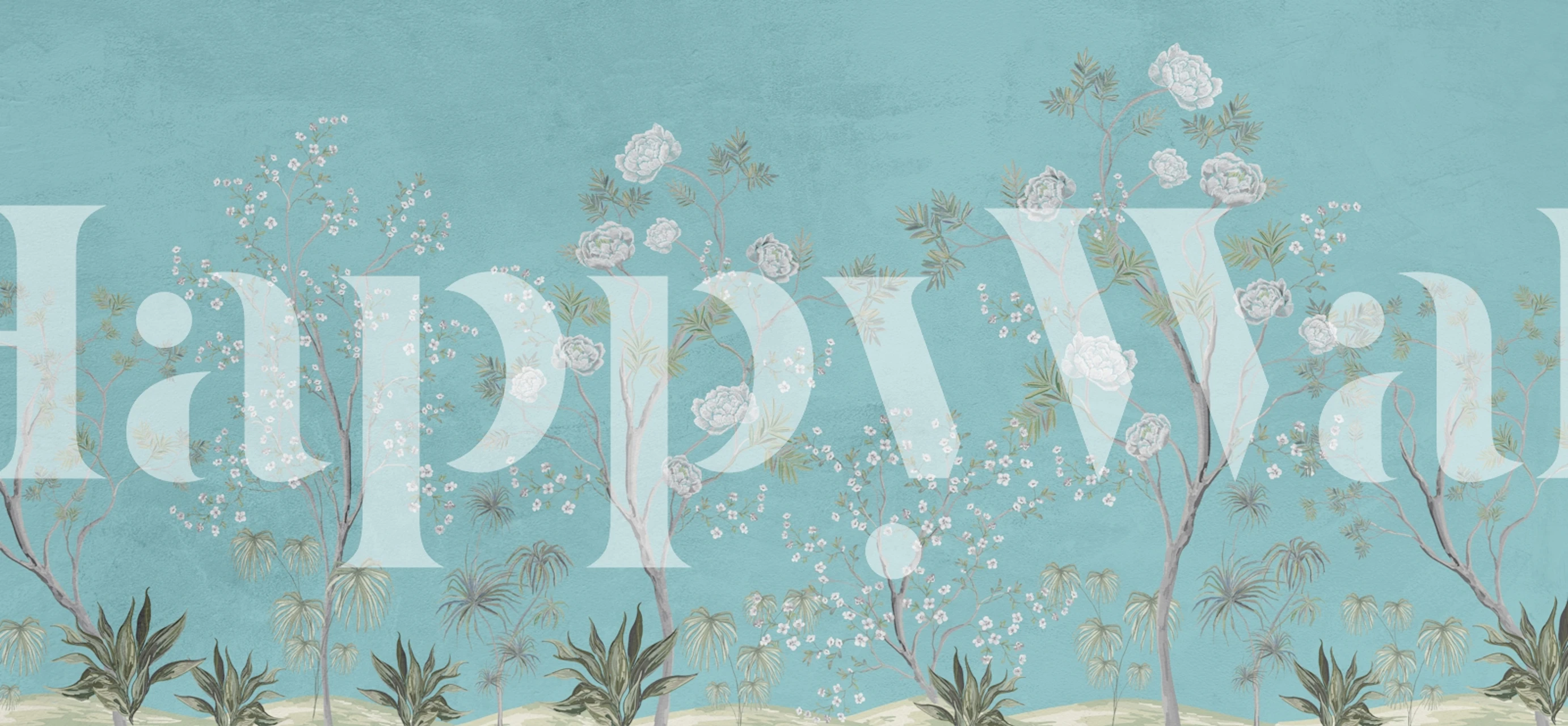 Teal chinoiserie blossom wallpaper in a room