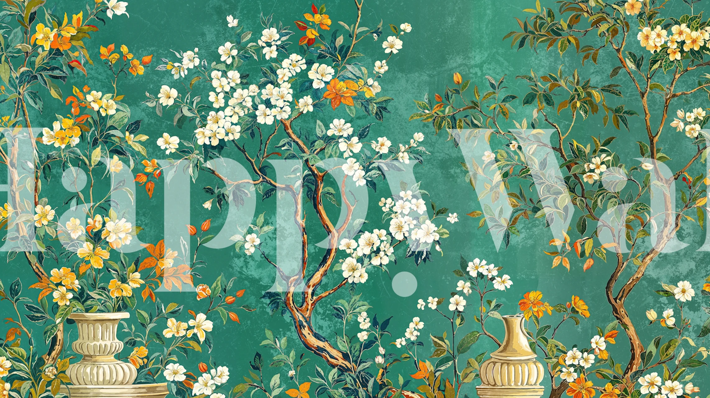 Teal floral tree wallpaper in a classic room