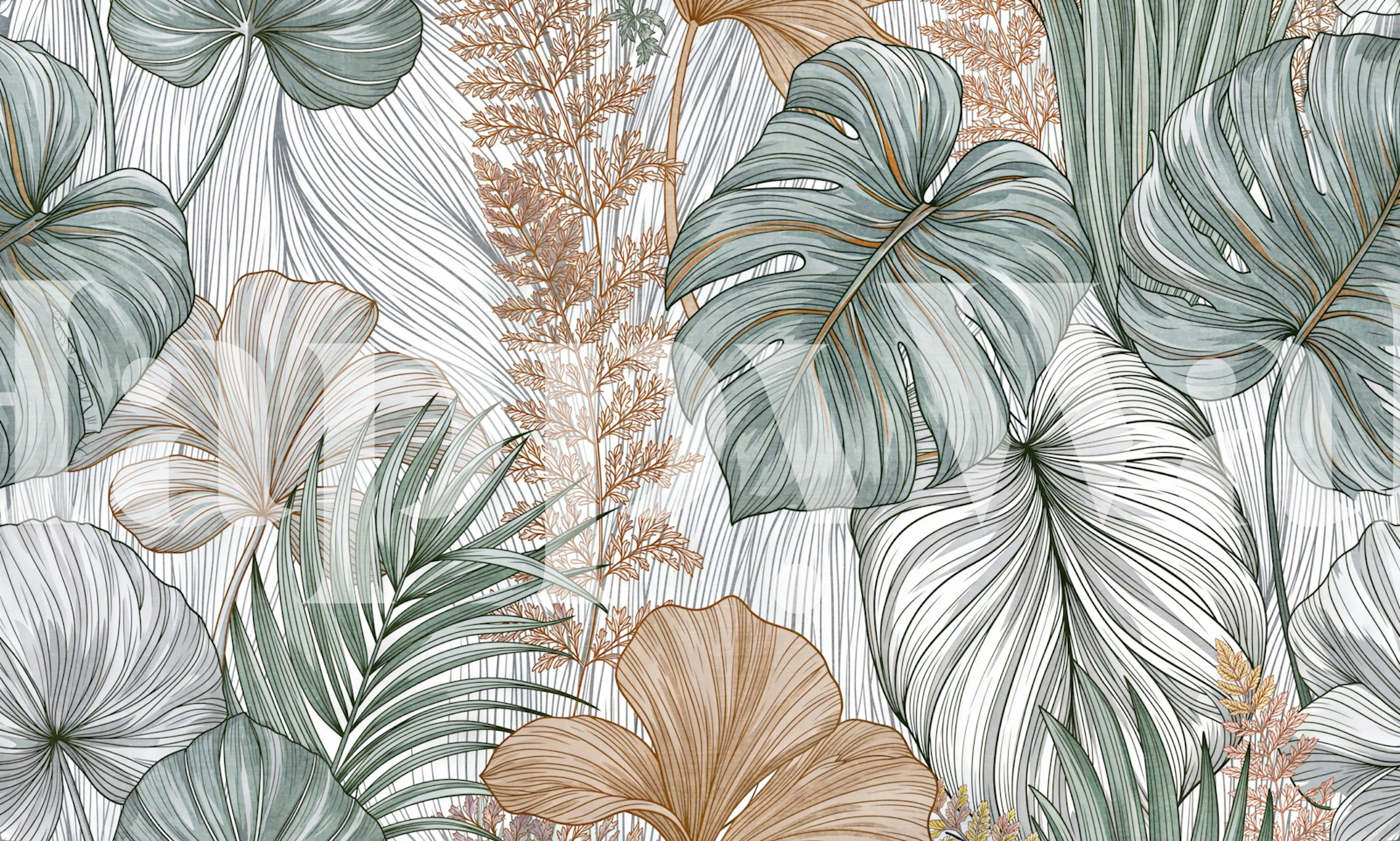 Sage botanical leaf wallpaper in a room