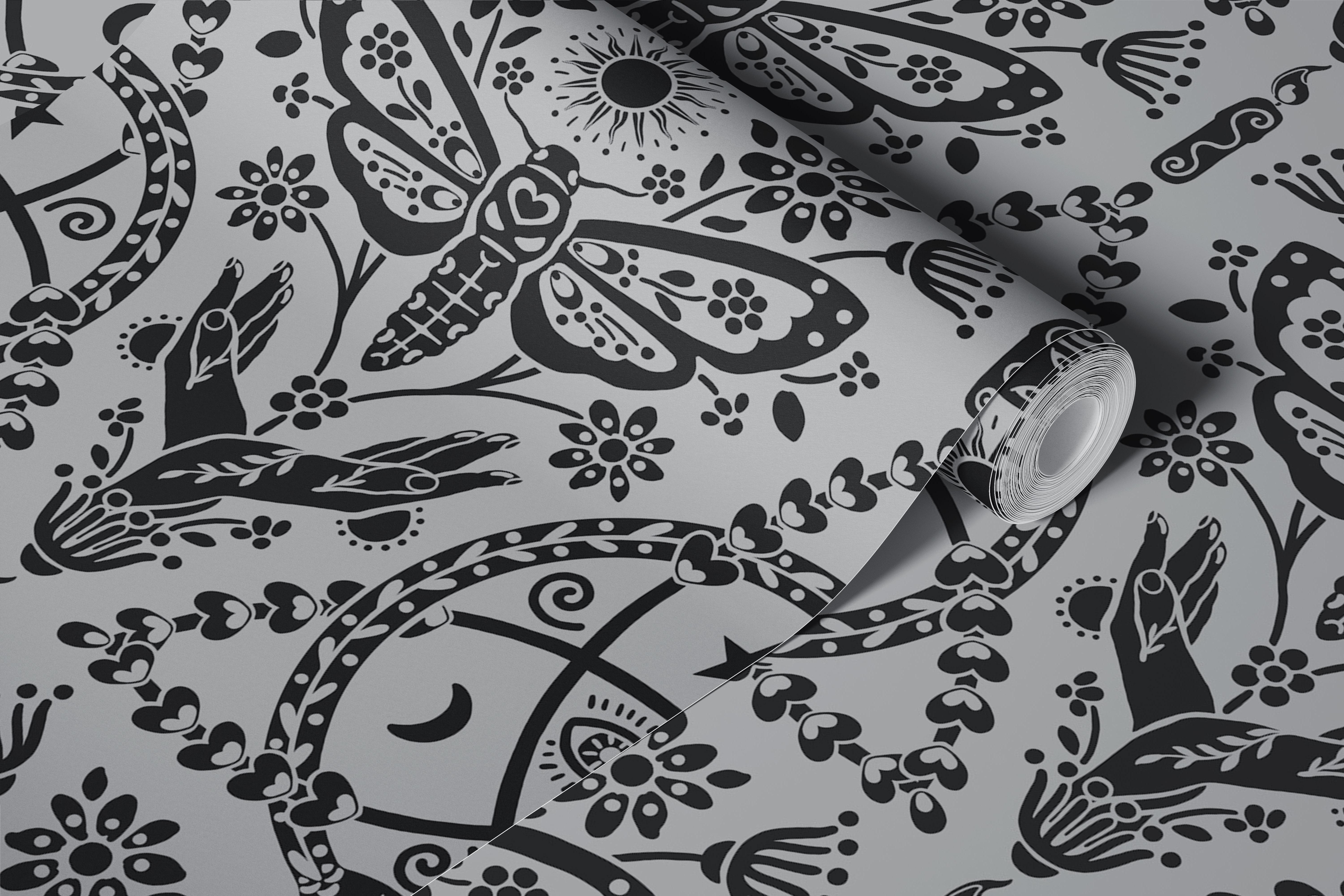 Grey black celestial moth wallpaper in room