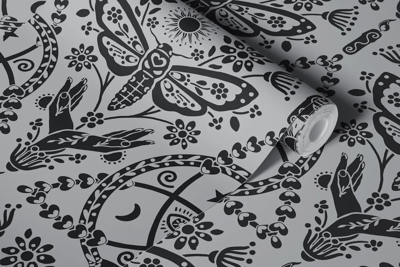 Whimsigothic Celestial Moth - Grey Black wallpaper roll