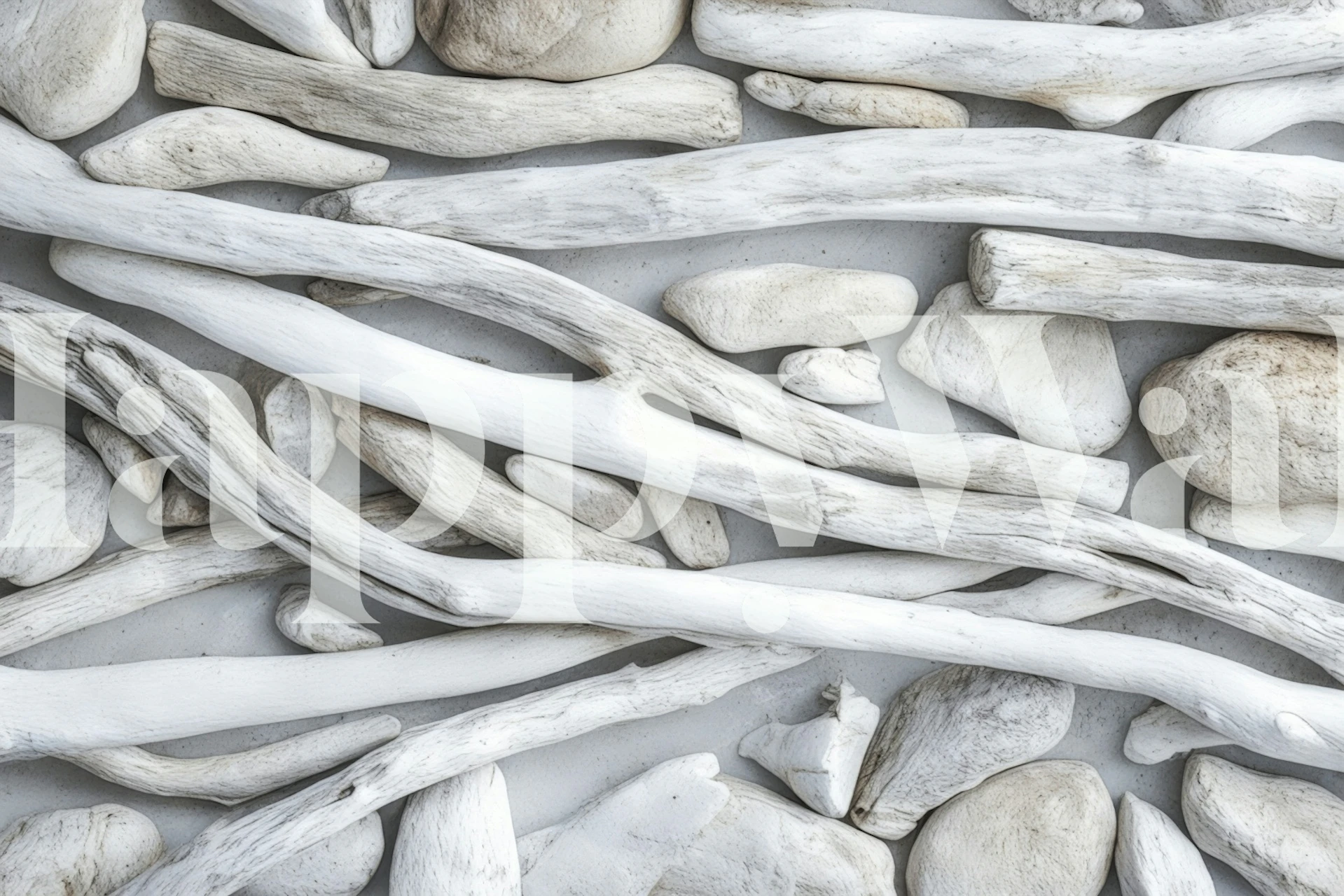 White driftwood and pebble wallpaper in a room