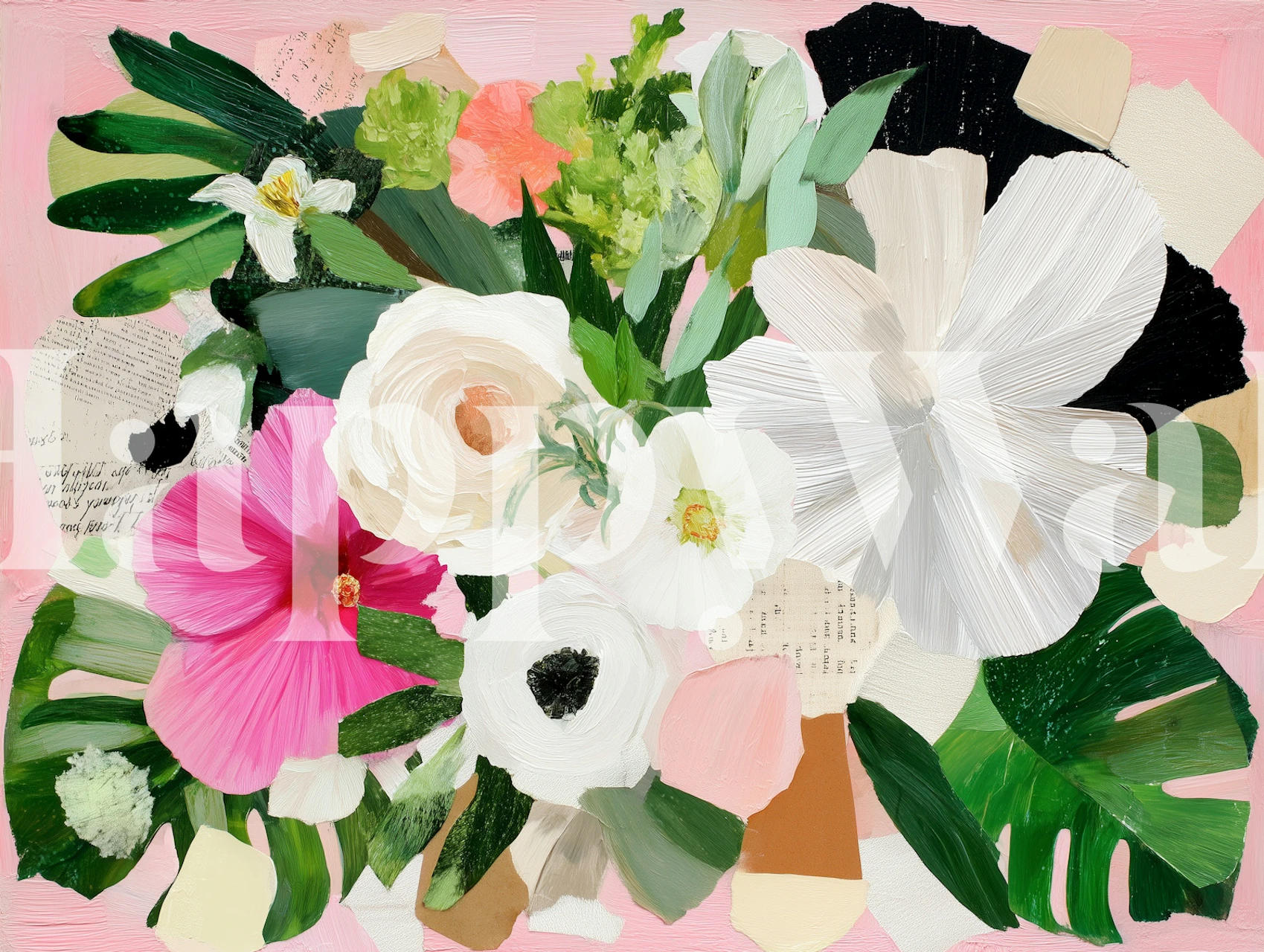 Pink tropical floral collage wallpaper in a room