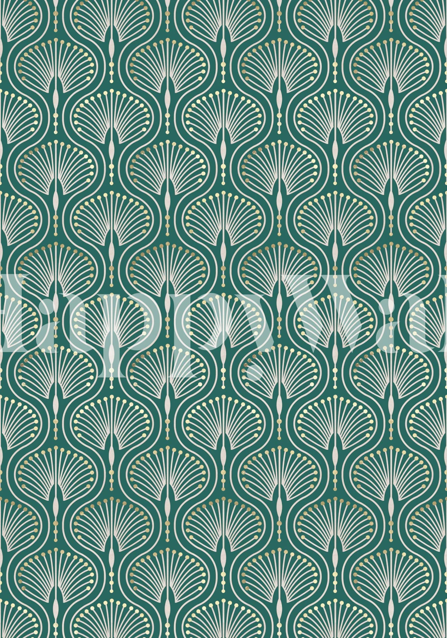 Teal Art Deco shell wallpaper in a room