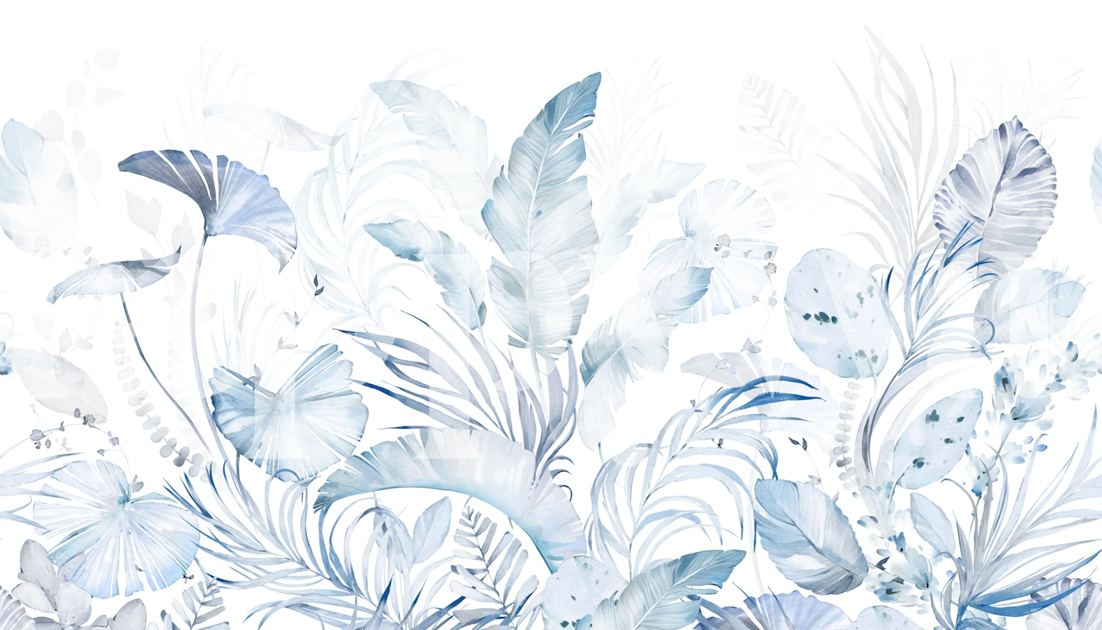Blue tropical leaf wallpaper in a bright room