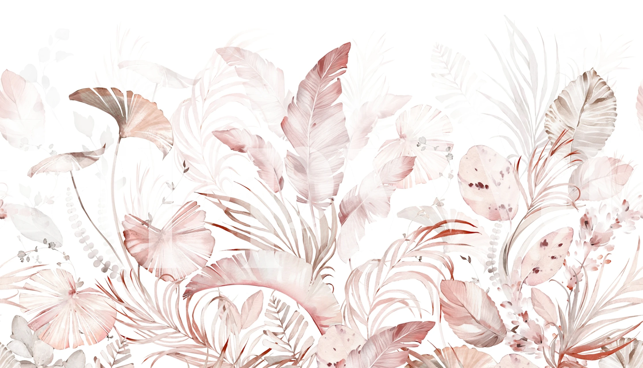 Soft red tropical leaf wallpaper in a room