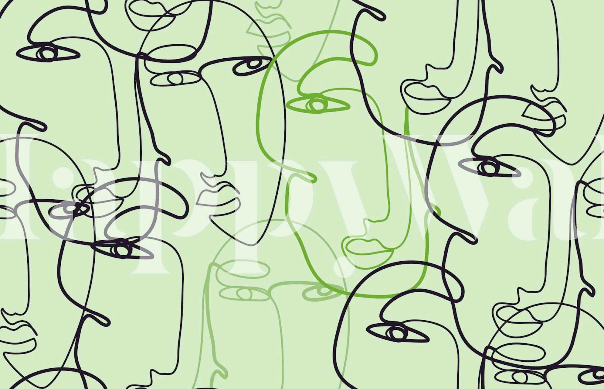 Green face line art wallpaper in a modern room