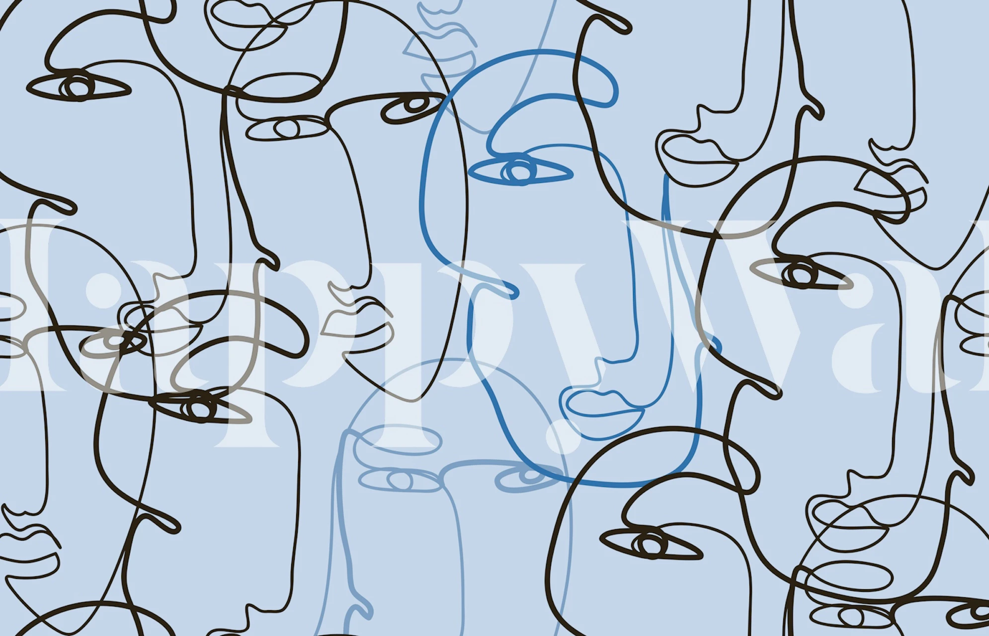 Blue face line art wallpaper in a modern room