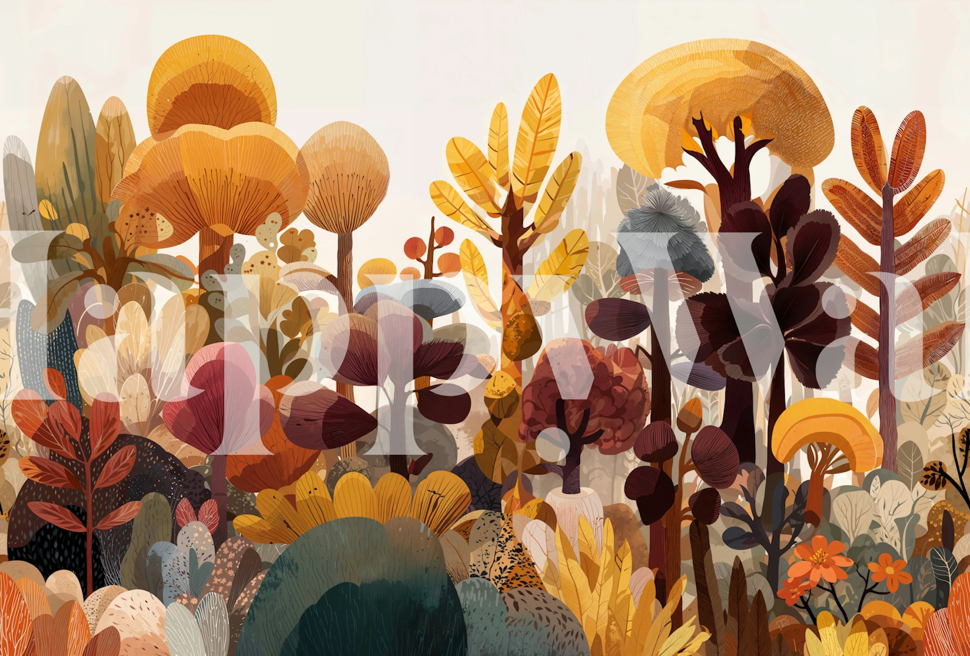 Autumn forest wallpaper in a warm-toned room