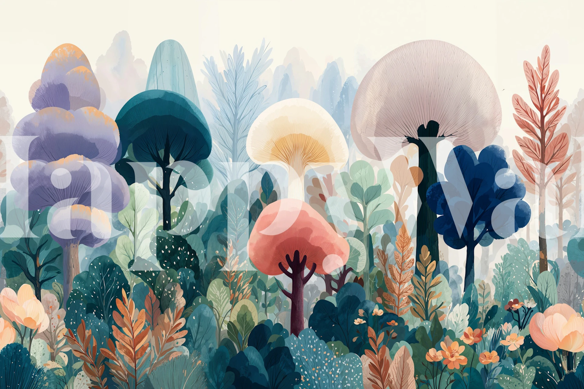 Pastel forest kids wallpaper in a nursery room