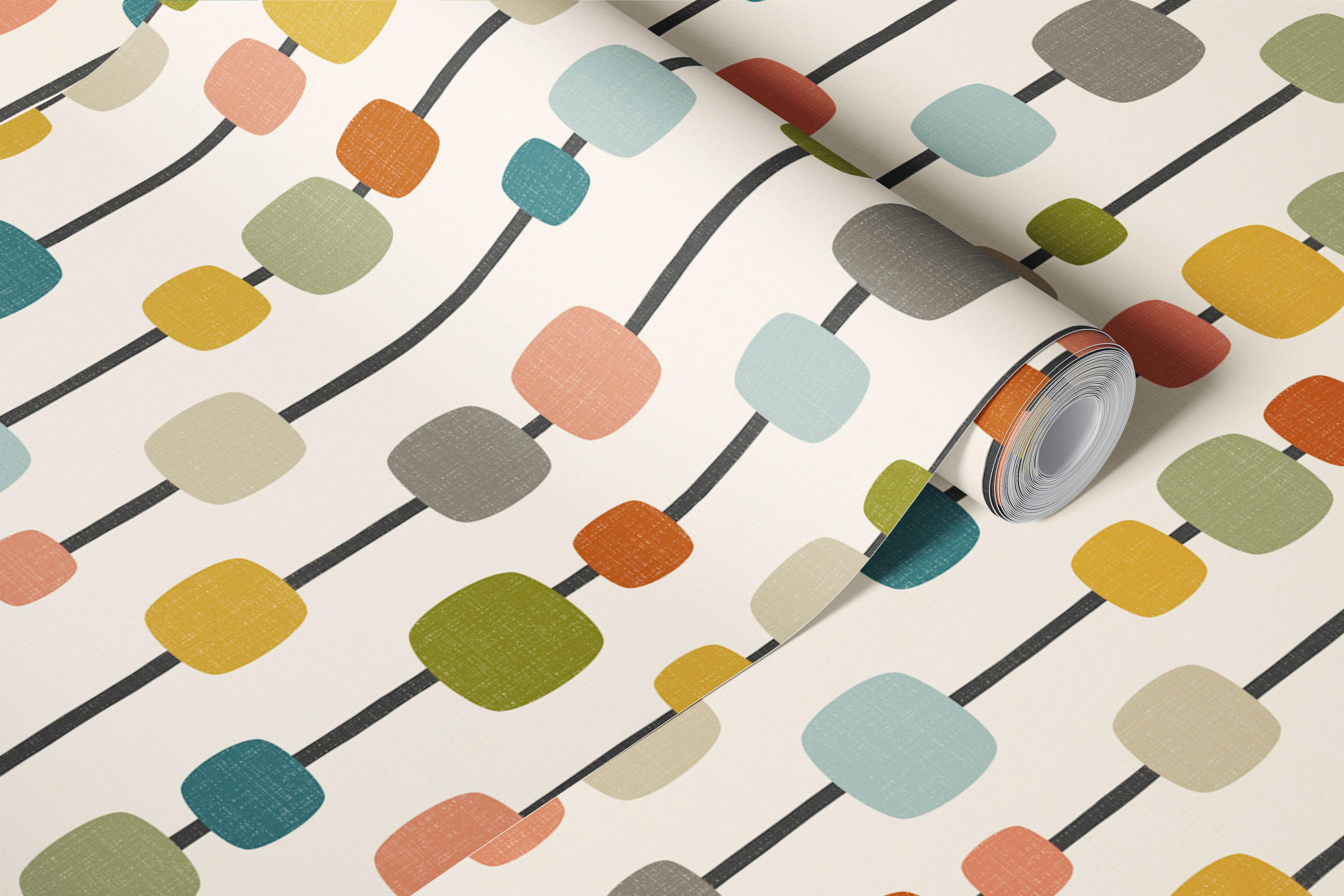 Papel de parede mid century com квадраты listrados em um quarto