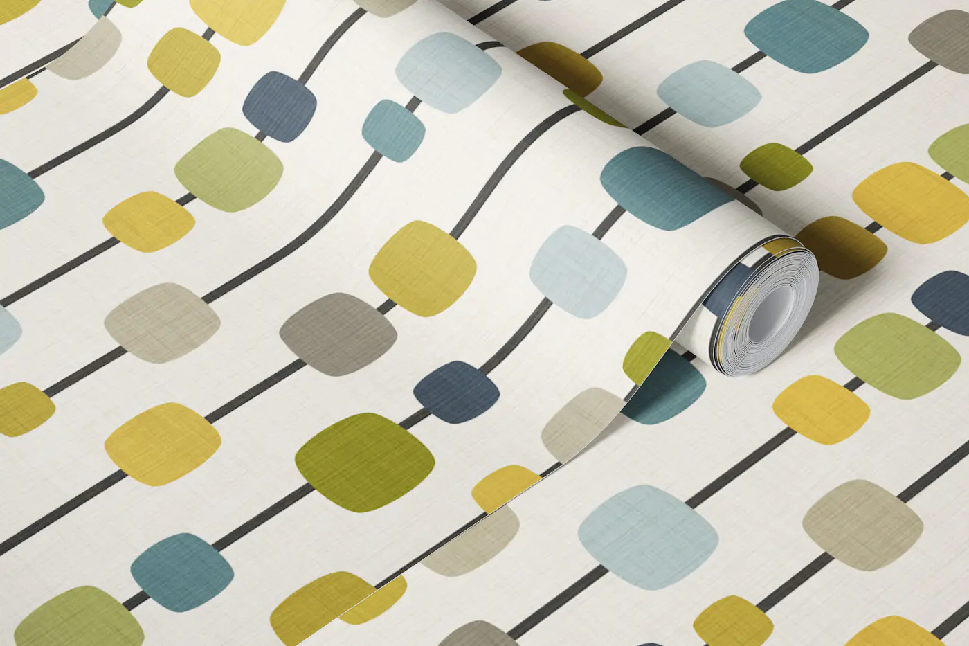 mid century striped dots - teal green wallpaper roll