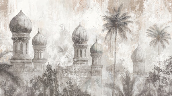 Misty Palace Domes and Palm Trees