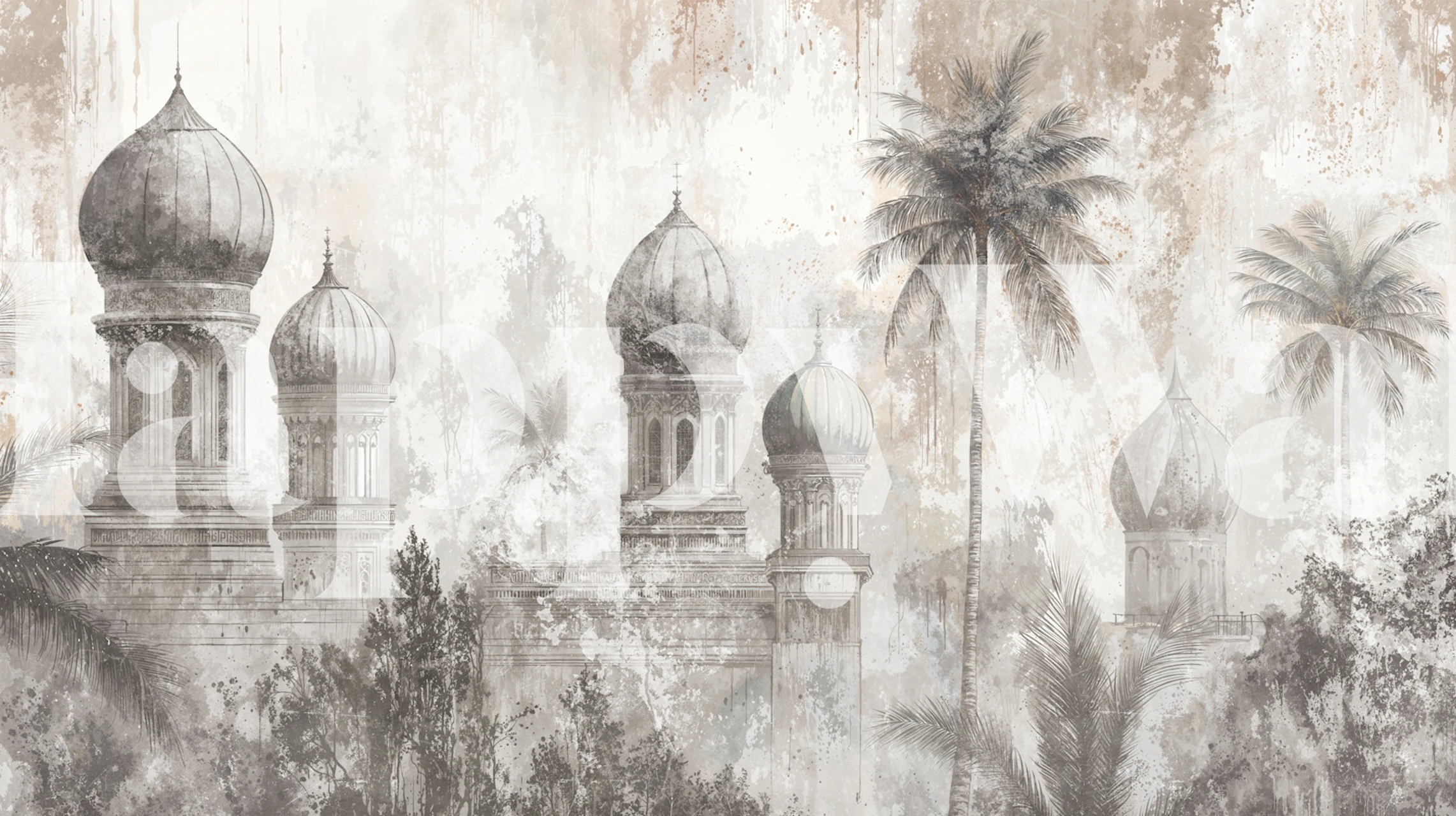 Misty palace domes wallpaper in a neutral room