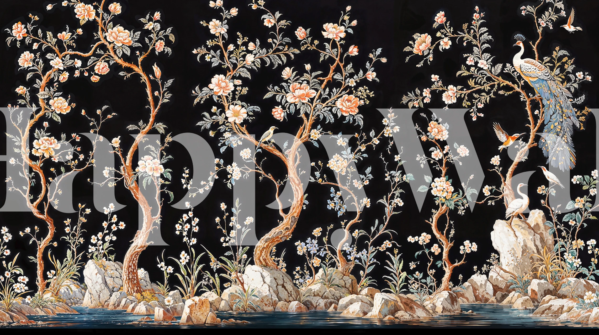 Black floral garden wallpaper in a room