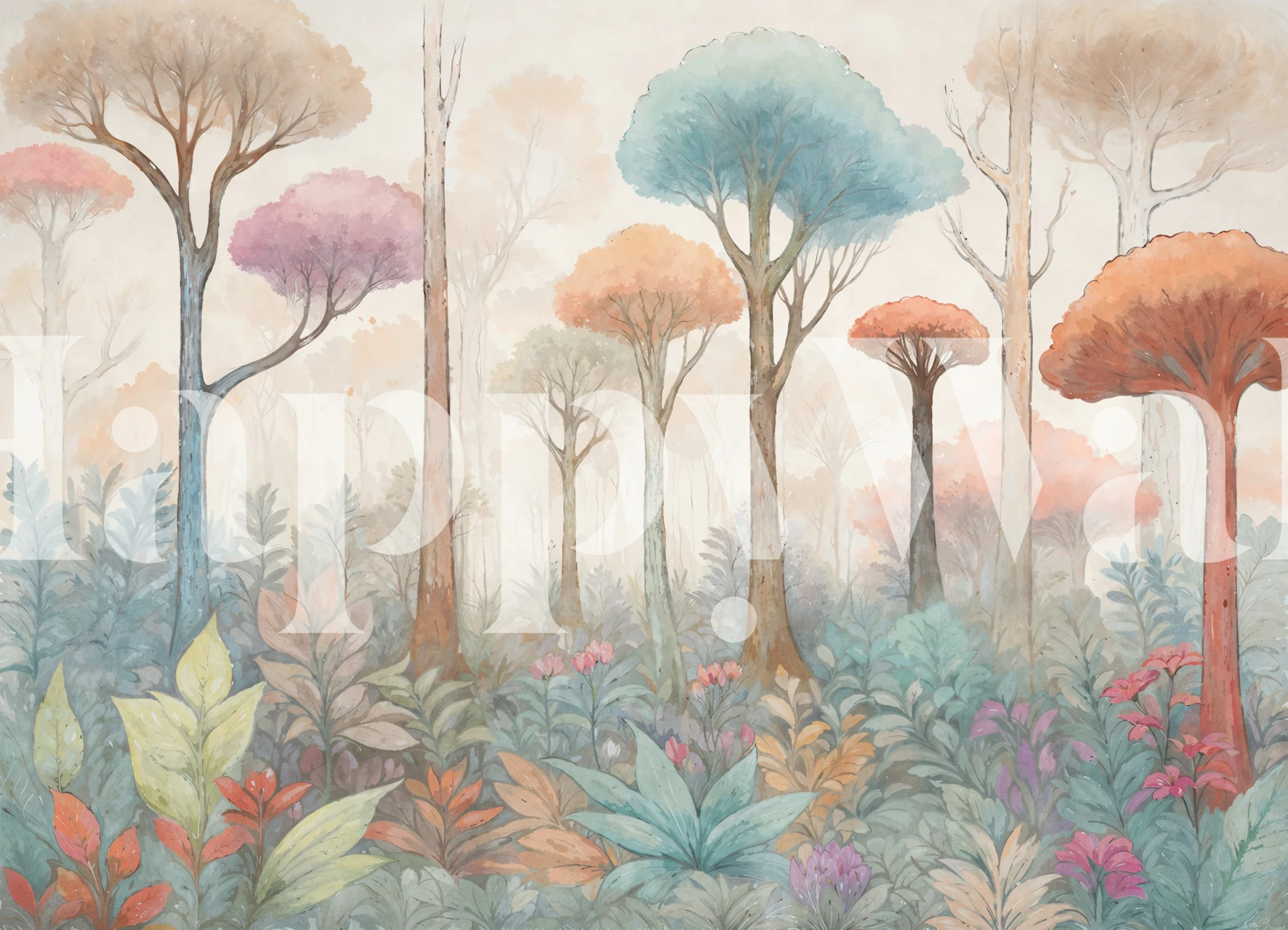 Pastel tree grove wallpaper in a soft room setting