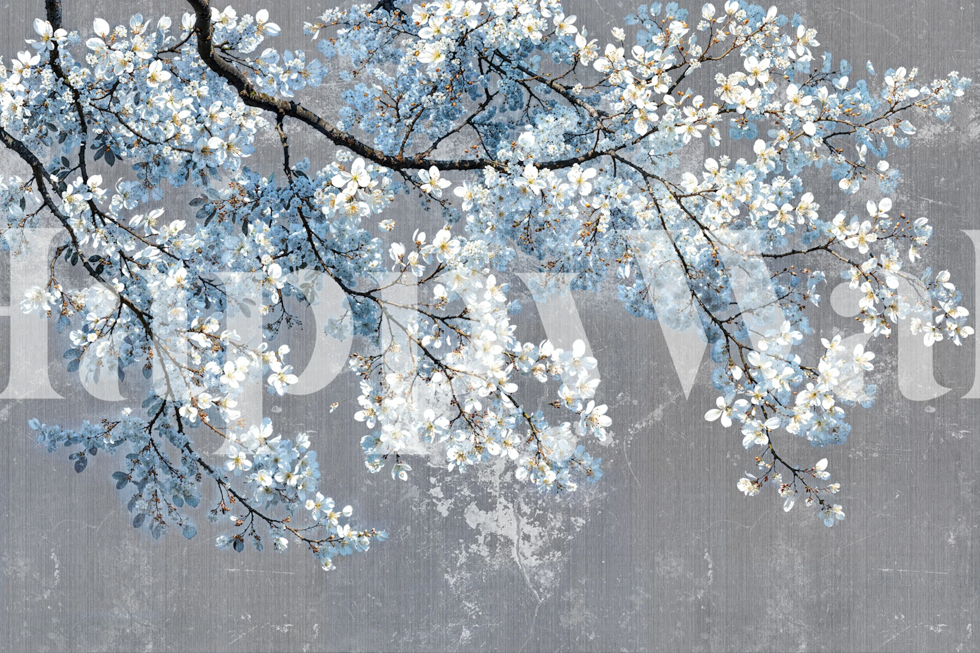 Blue cherry blossom wallpaper in a gray room