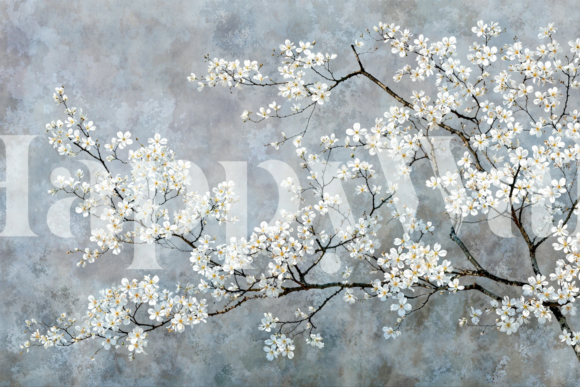 White cherry blossom wallpaper in gray room