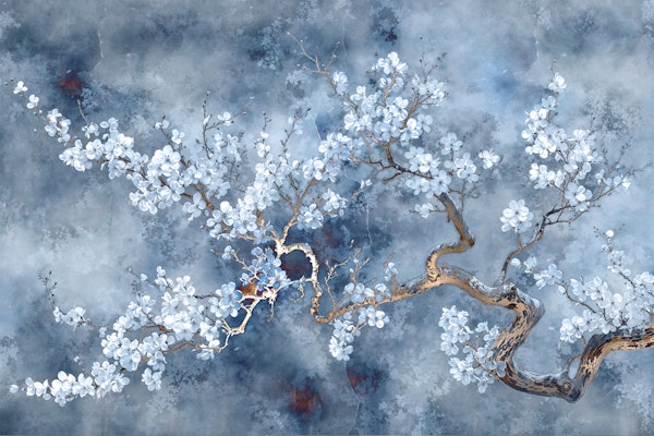 White Sakura Branches on Blue