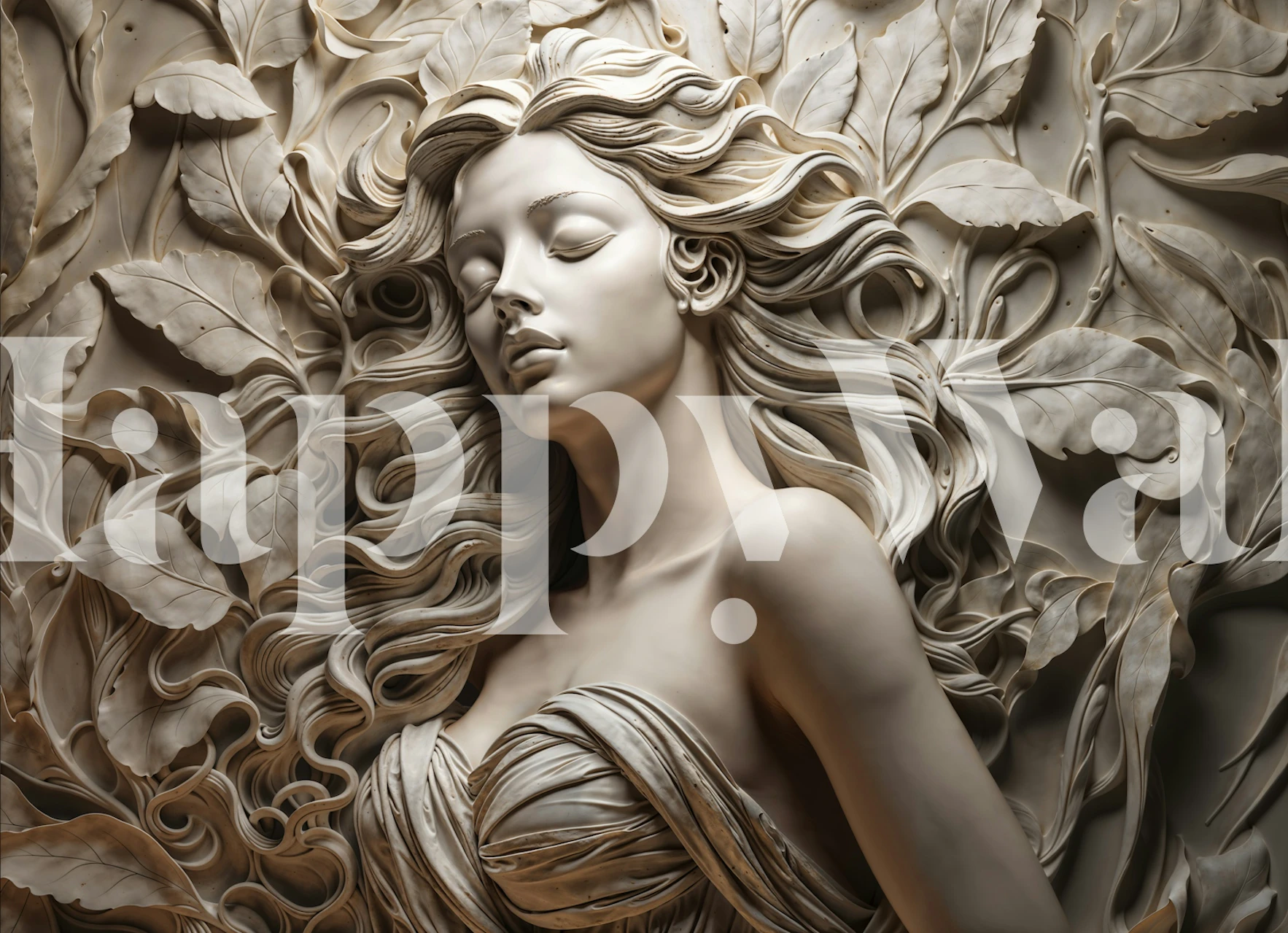 Ivory goddess relief wallpaper in a styled room