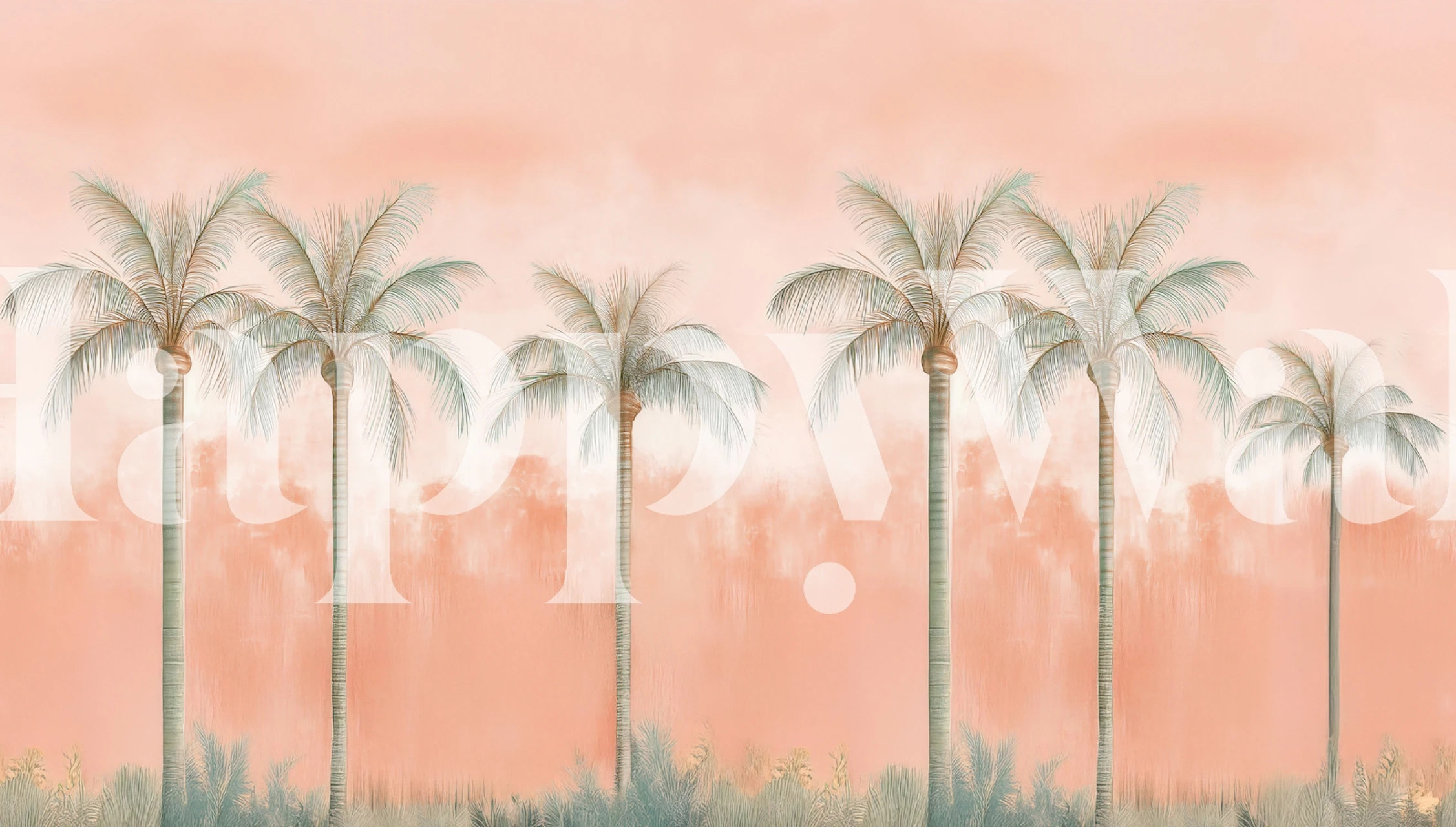 Tropical sunset palm wallpaper in a soft peach room
