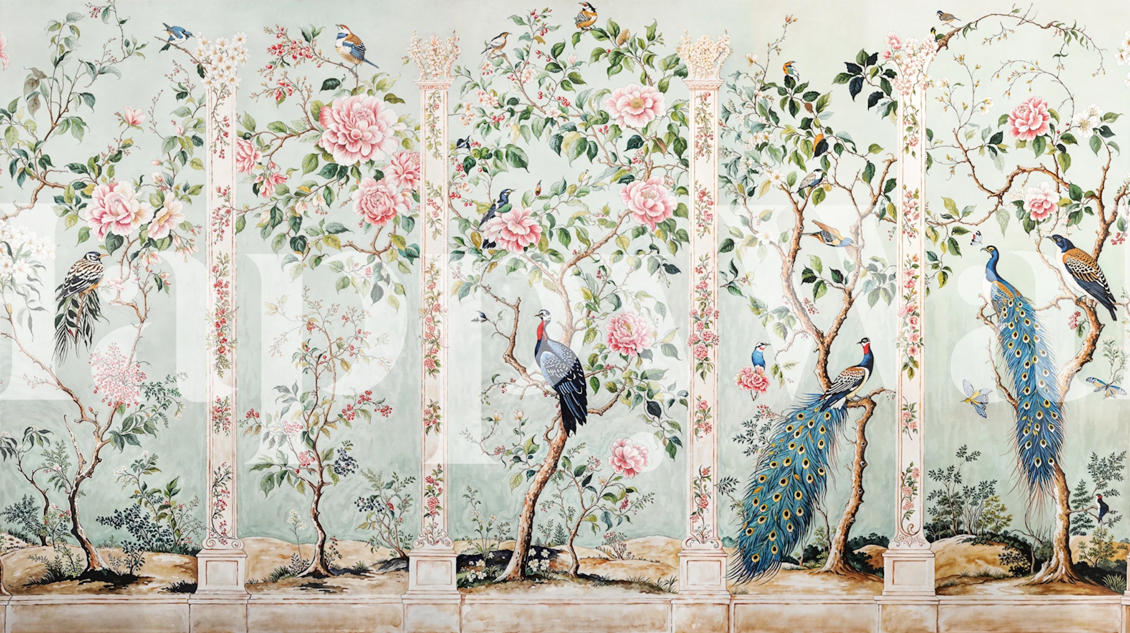Chinoiserie peacock wallpaper in a pastel room