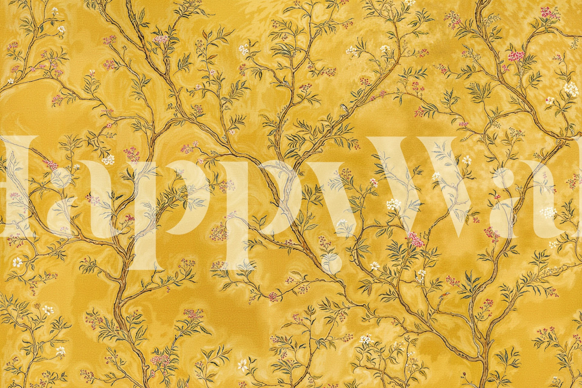 Golden branch floral wallpaper in a room