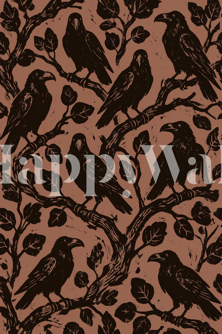 Raven wallpaper in a room with leafy branches