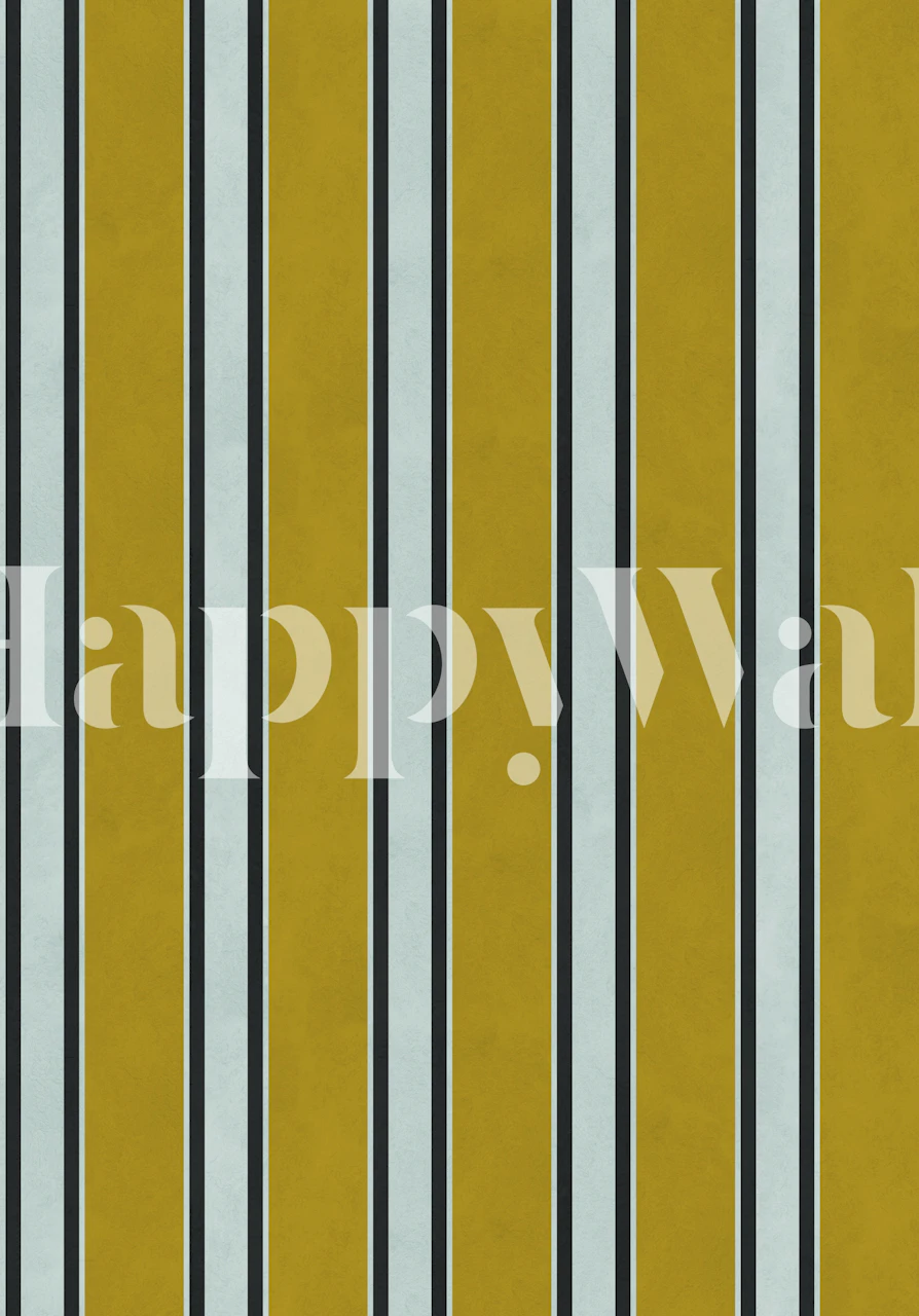 Mustard and blue striped wallpaper in a room