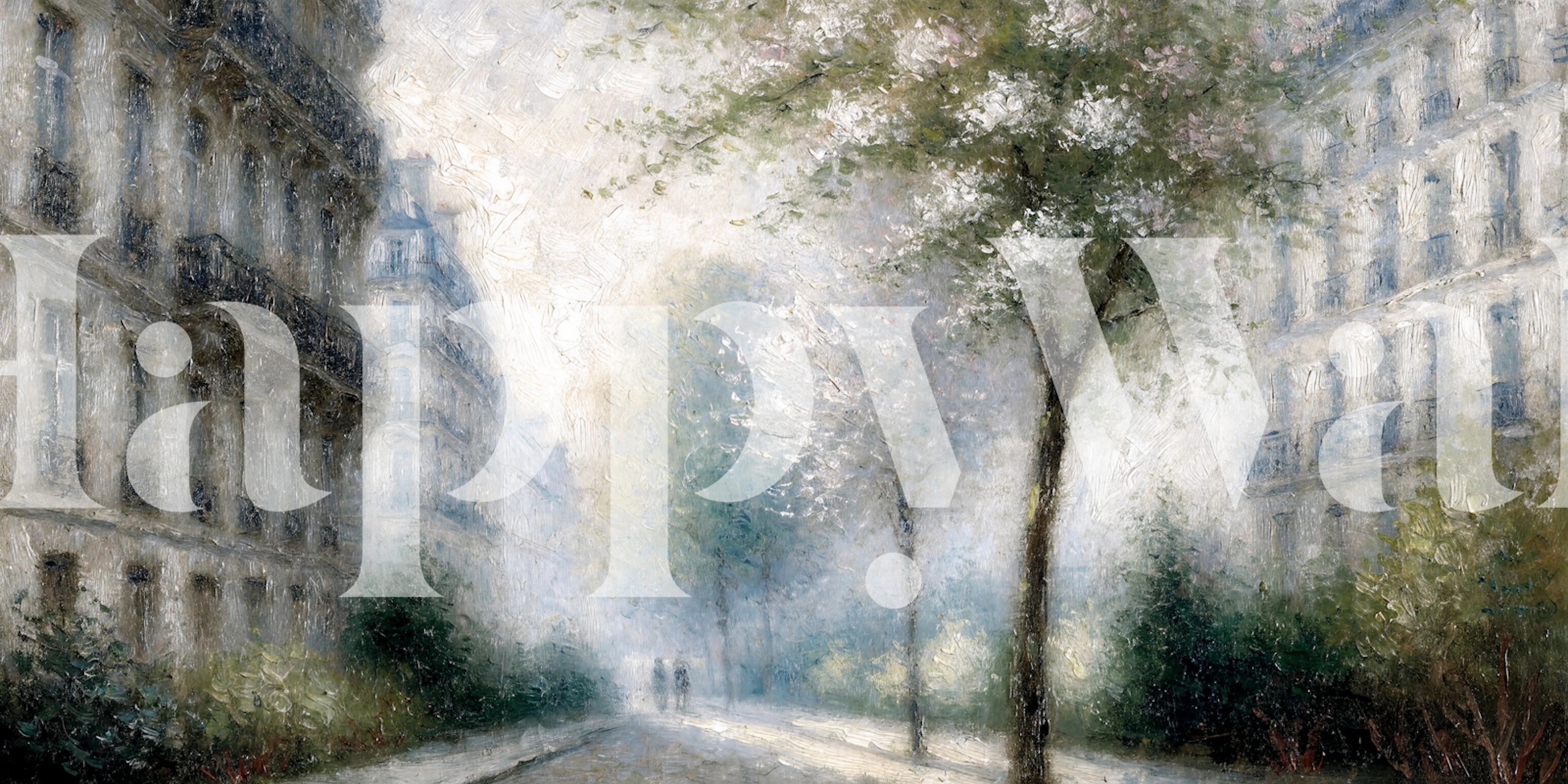 Misty Paris boulevard wallpaper in a living room