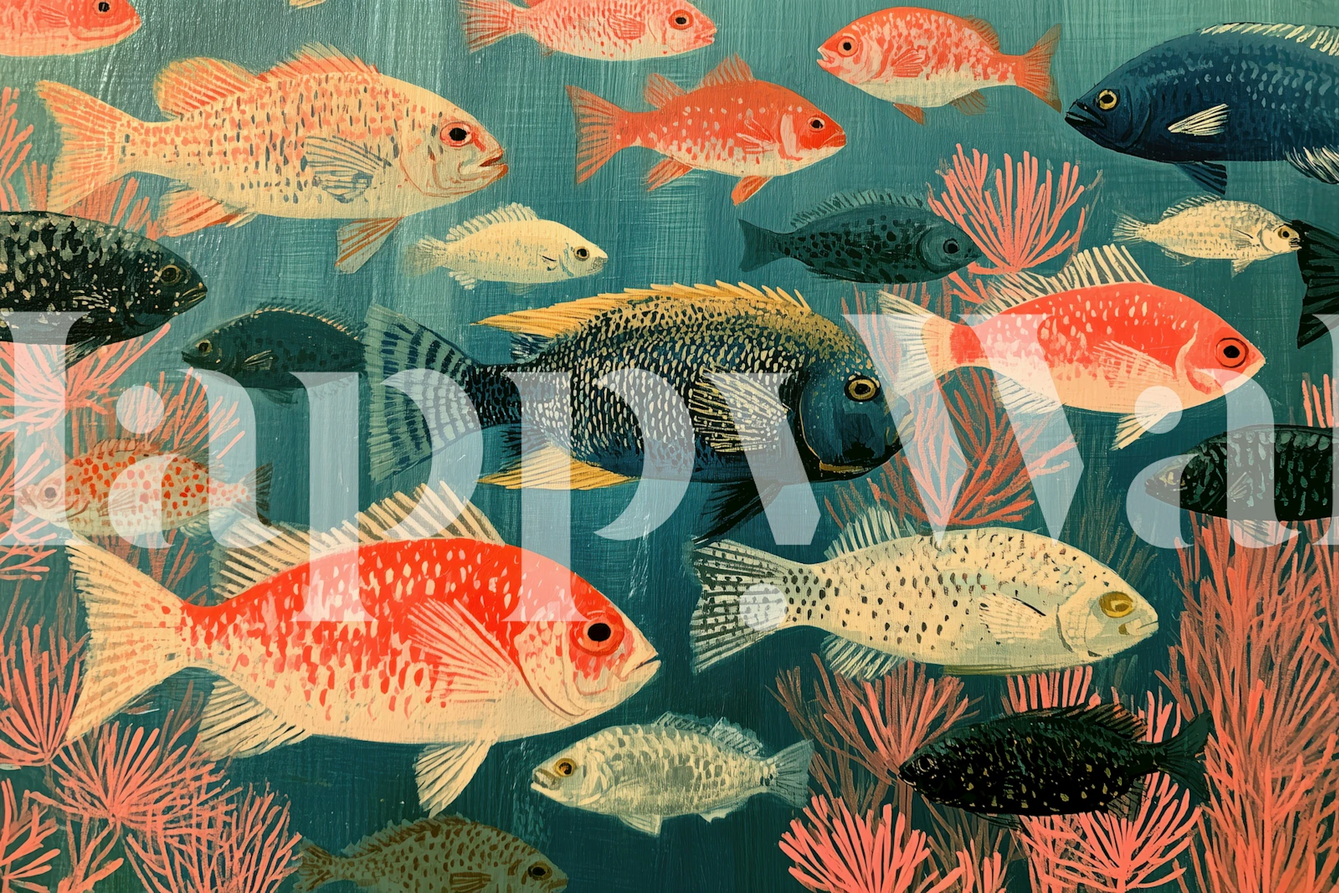 Vintage fish wallpaper in a teal room
