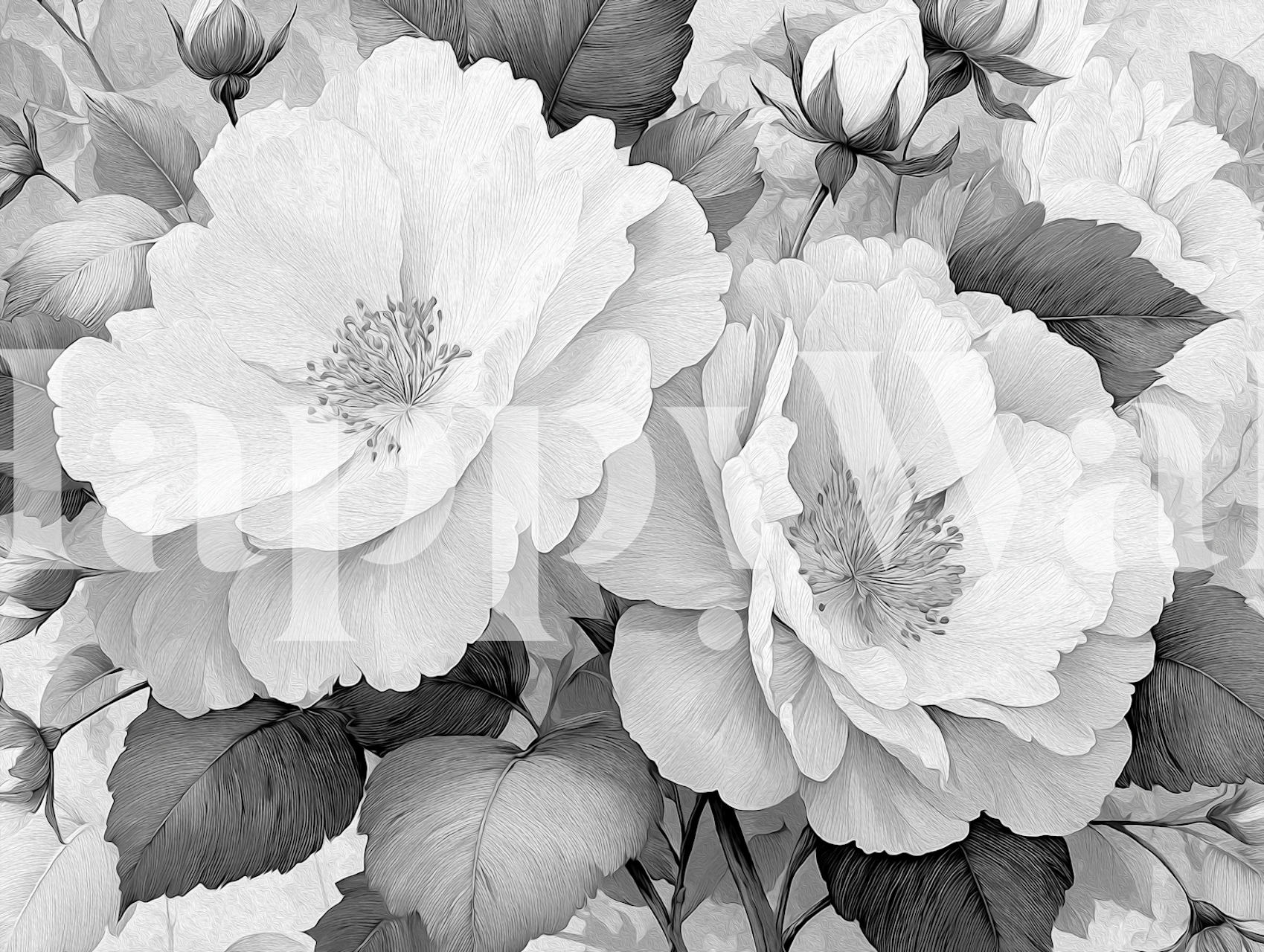 Grayscale peony sketch wallpaper in a room
