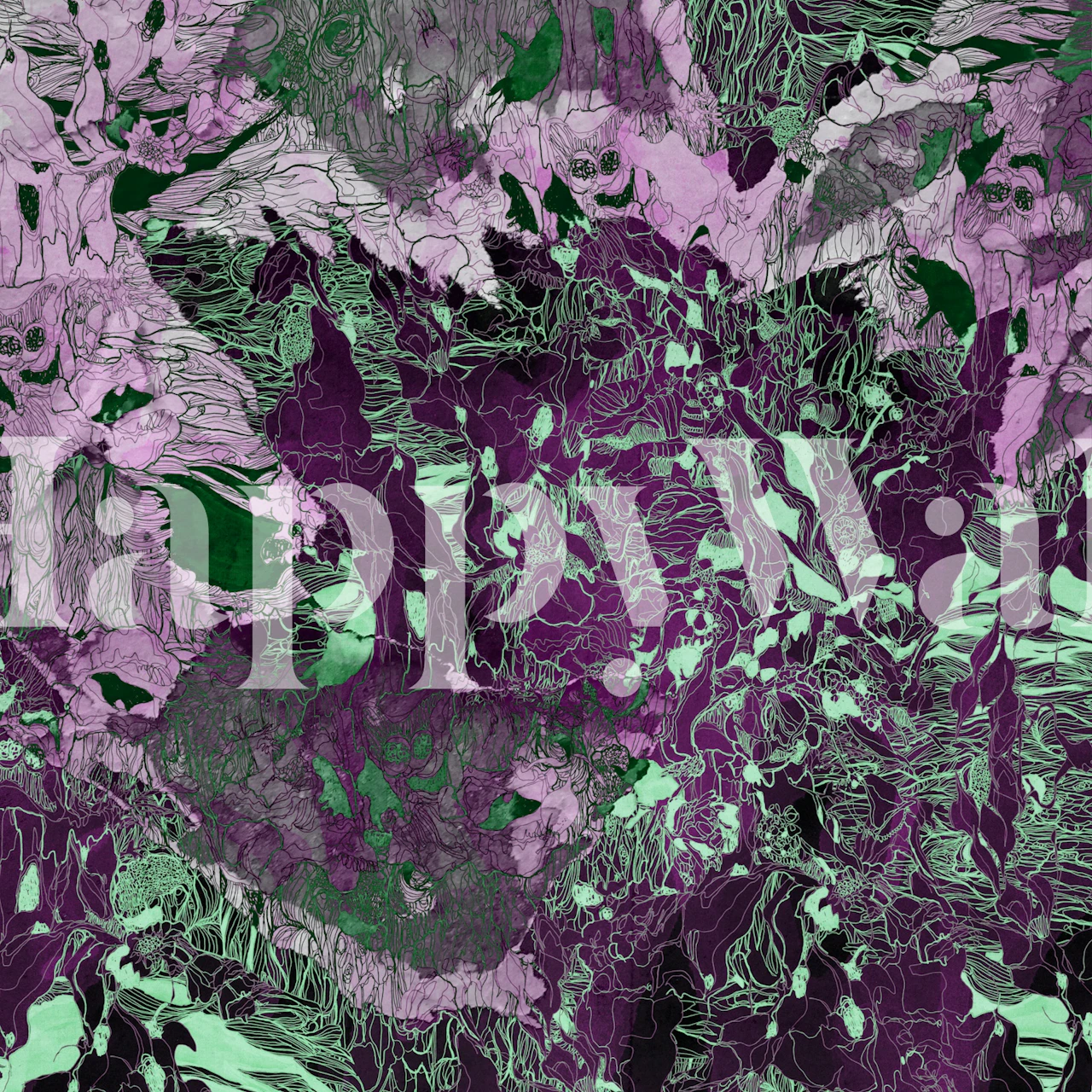 Purple and green neon botanical wallpaper in a room