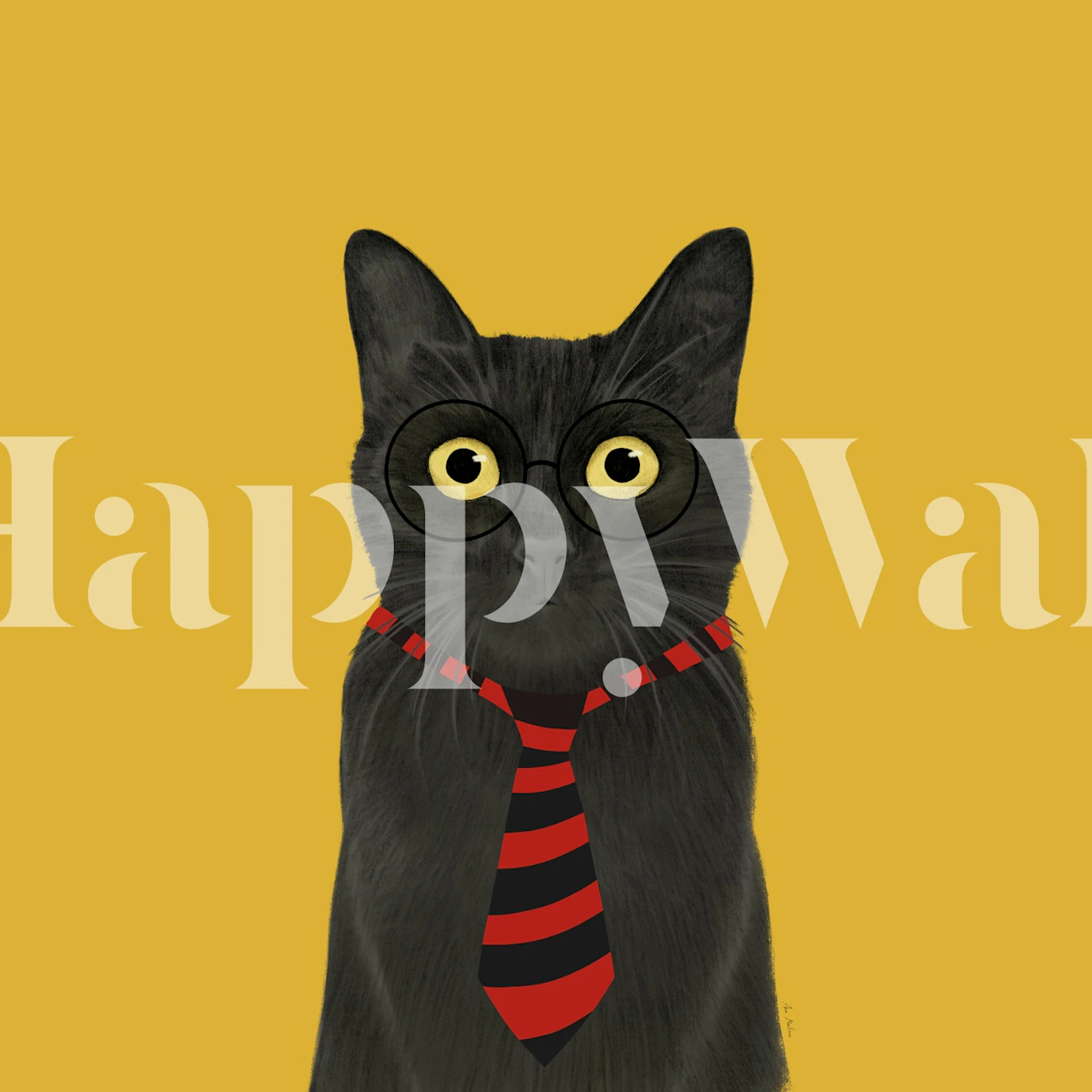 Black cat wallpaper in room with glasses and red tie