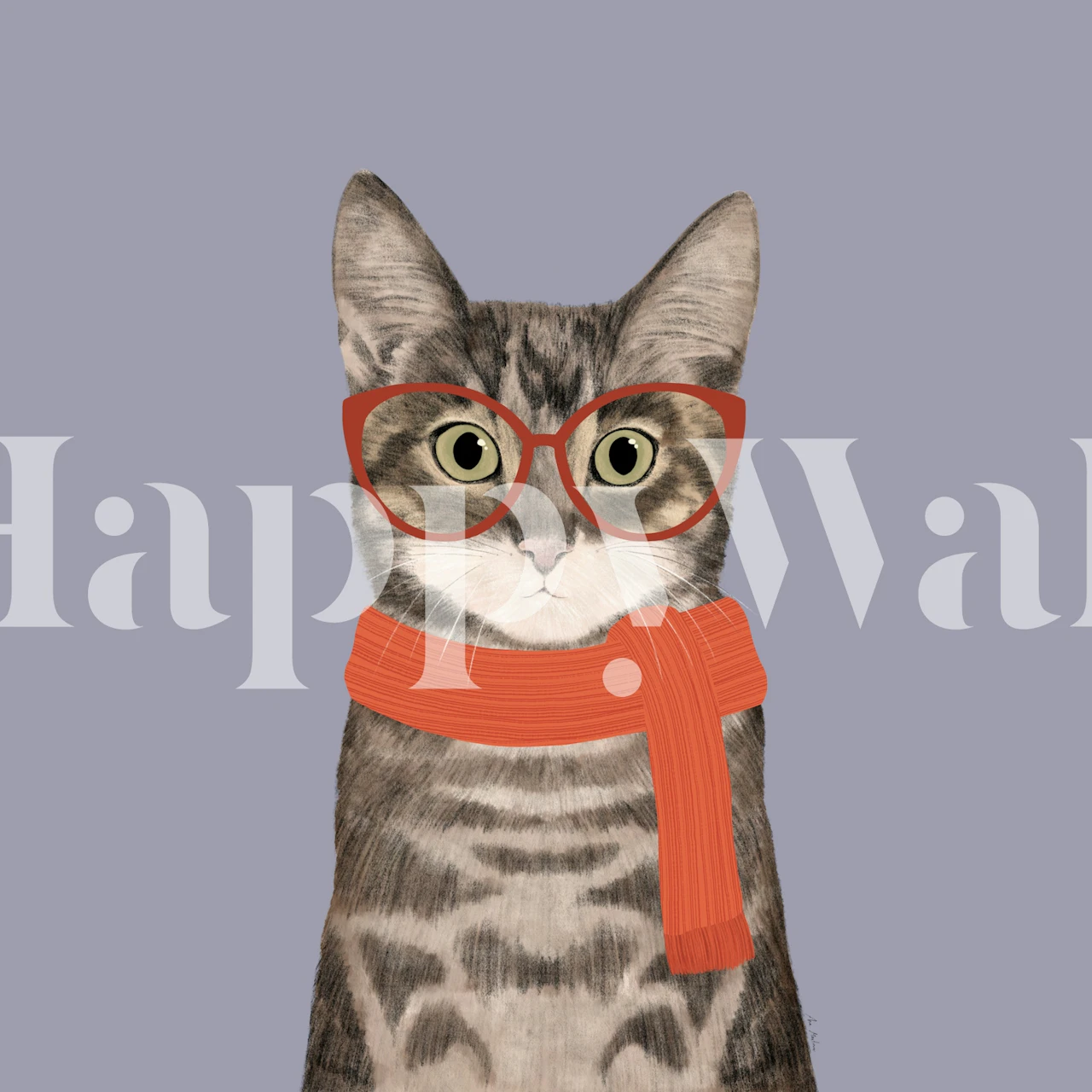 Cat wallpaper in room with red glasses and scarf