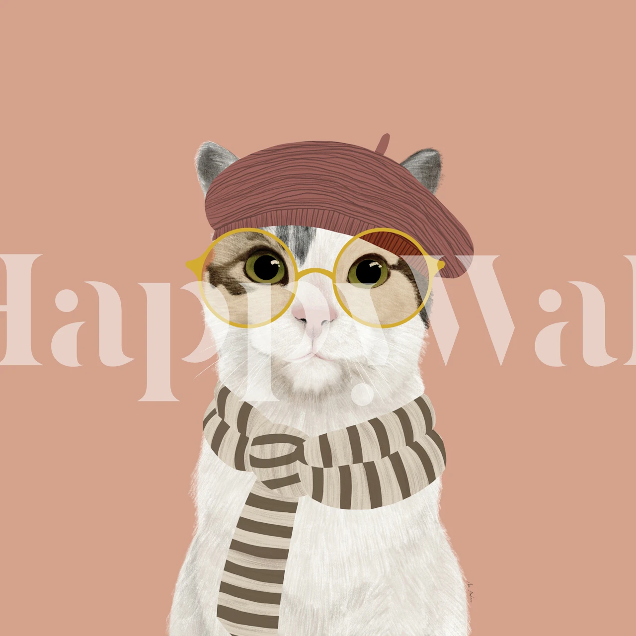 Cat wallpaper in room with beret and round glasses