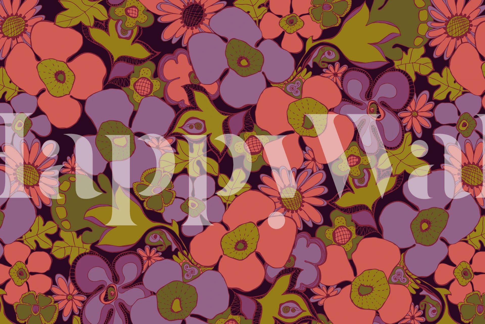 Floral patterns in olive green and purple on a dark background wallpaper