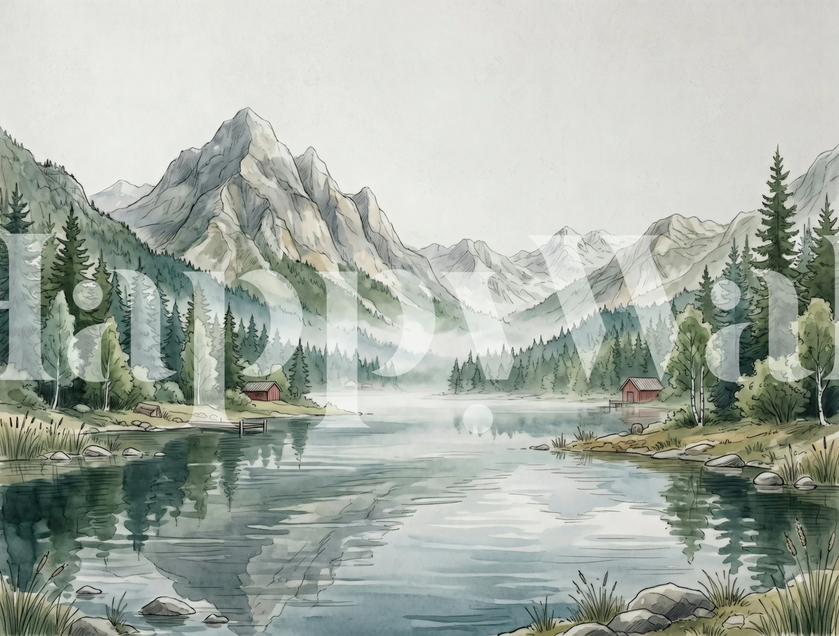 Fotobehang met mistig bergmeer in een gezellige kamer
