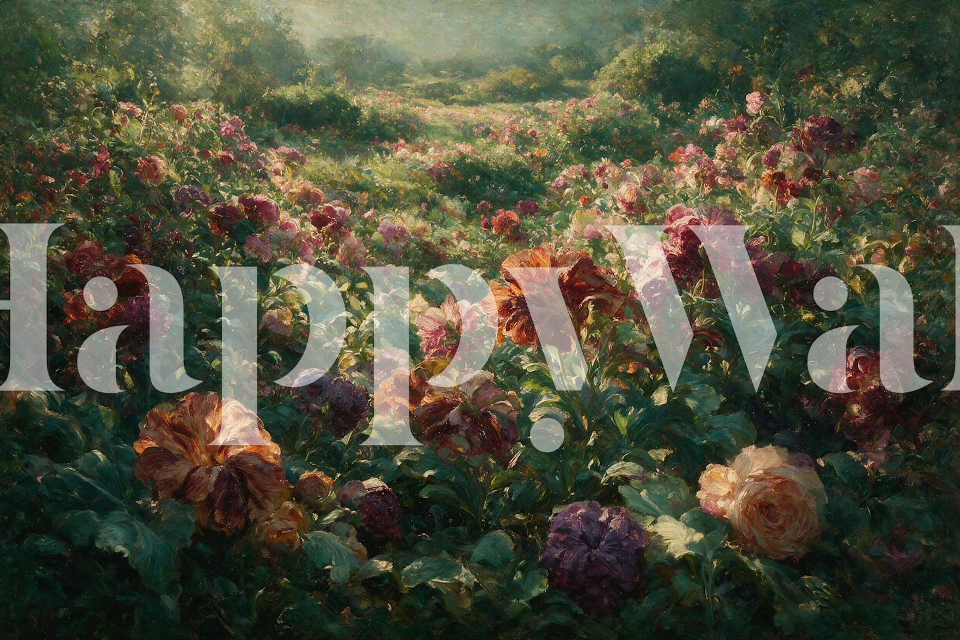 Rose garden wallpaper in a sunlit room