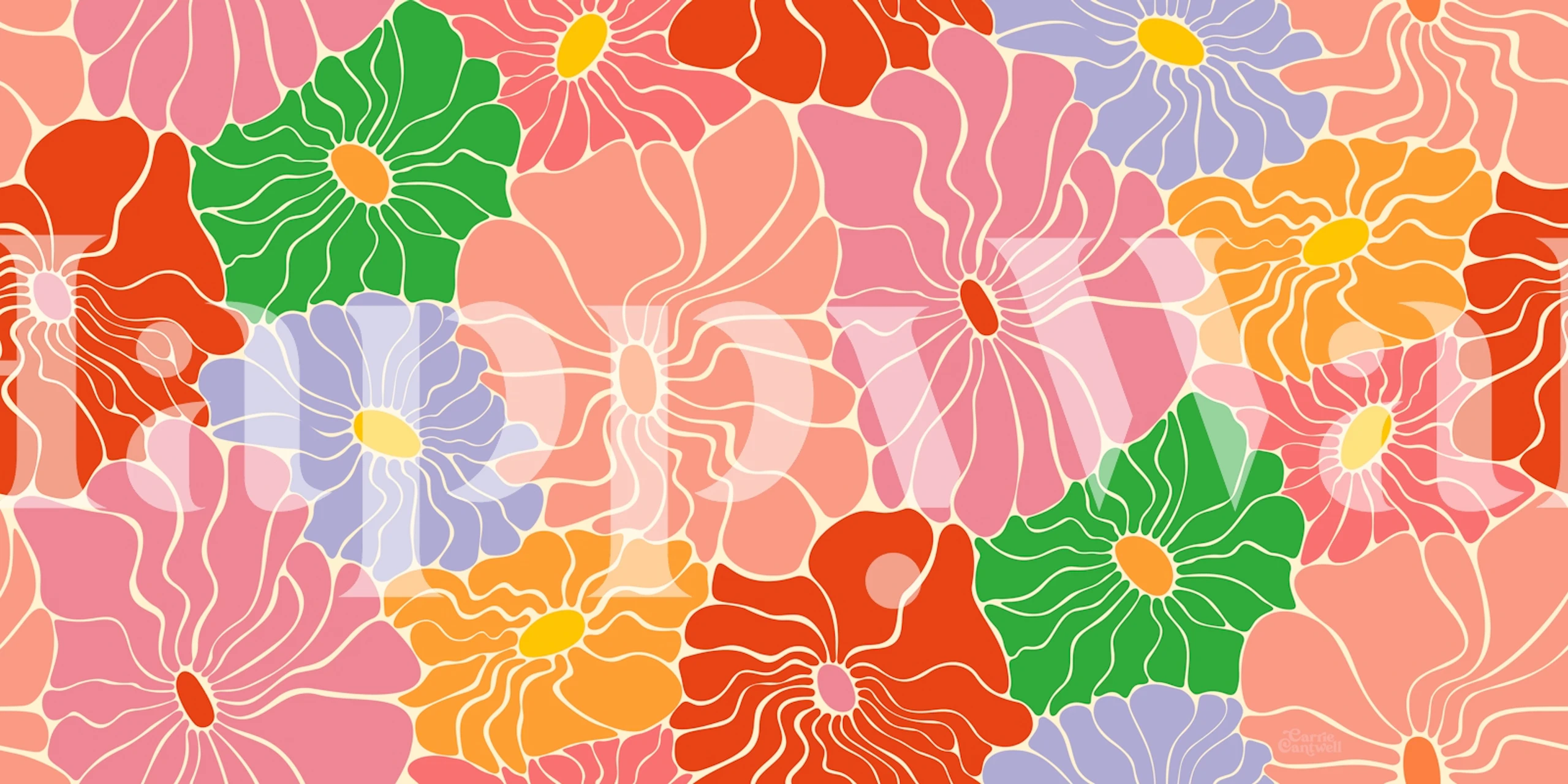 Bright fluid flower wallpaper in a colorful room