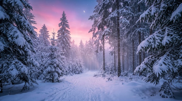 Snow Covered Pines at Dusk