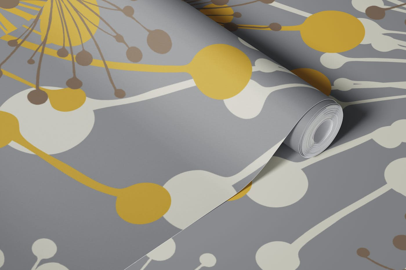 Dandelions grey mustard wallpaper roll