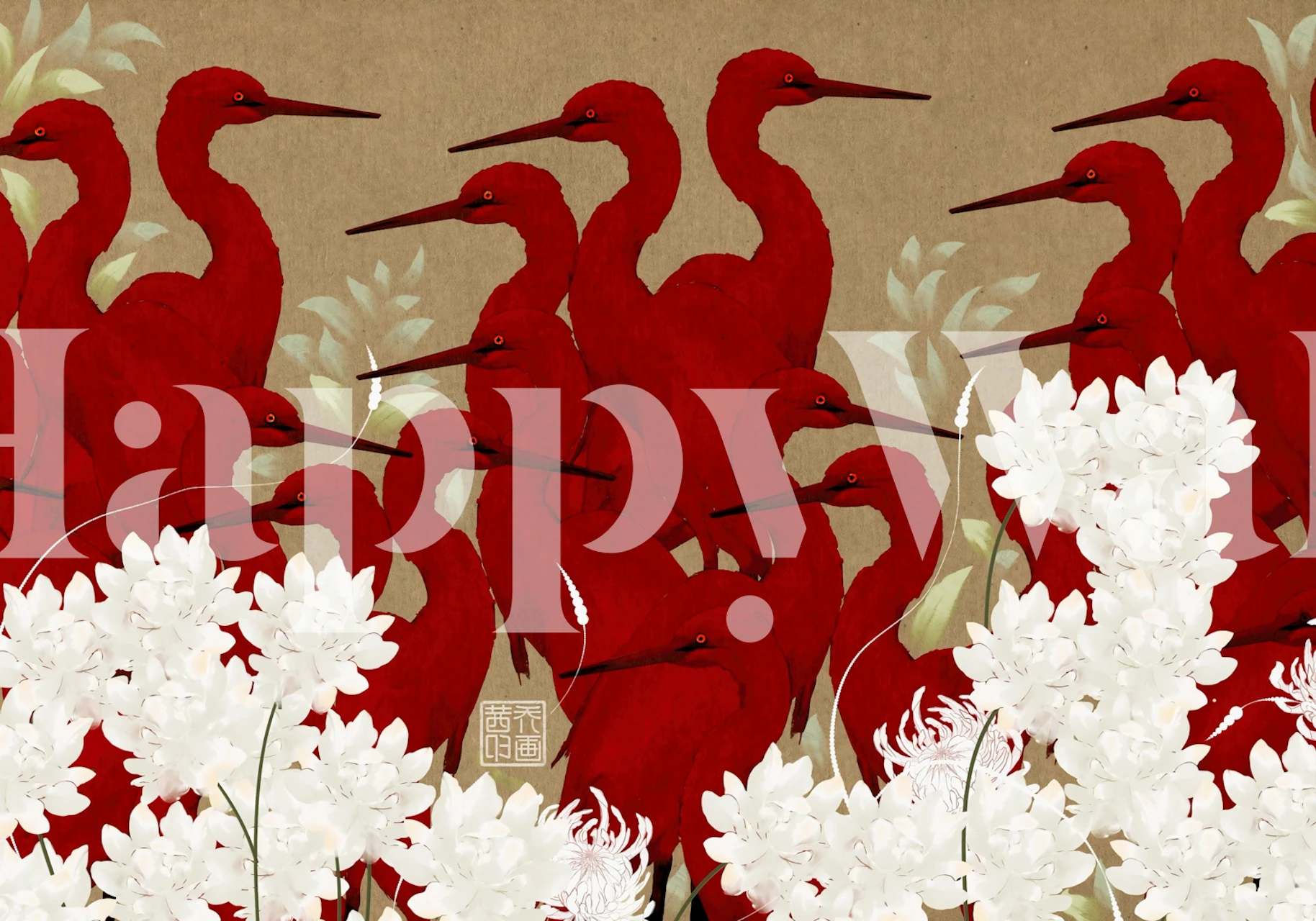 Red crane bird wallpaper in a styled room