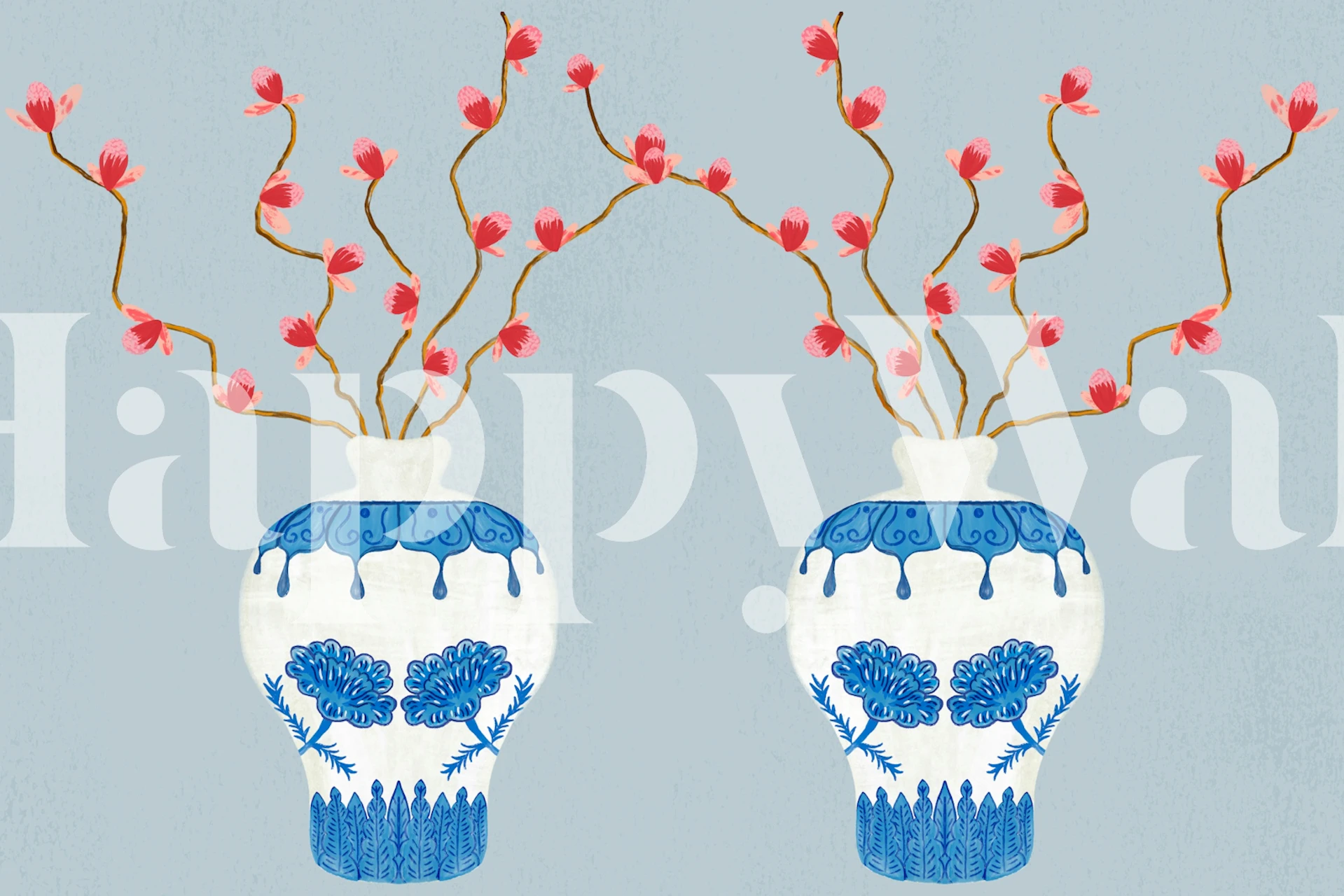 Chinoiserie vase wallpaper in a light blue room
