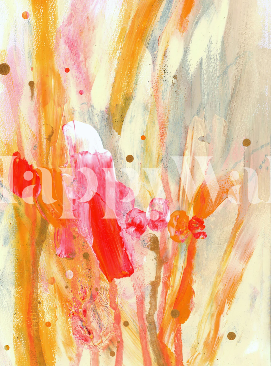 Orange and pink abstract wallpaper in a room