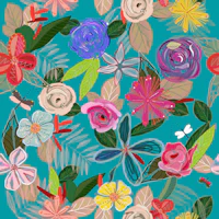 Vibrant Garden Blossoms Teal behang