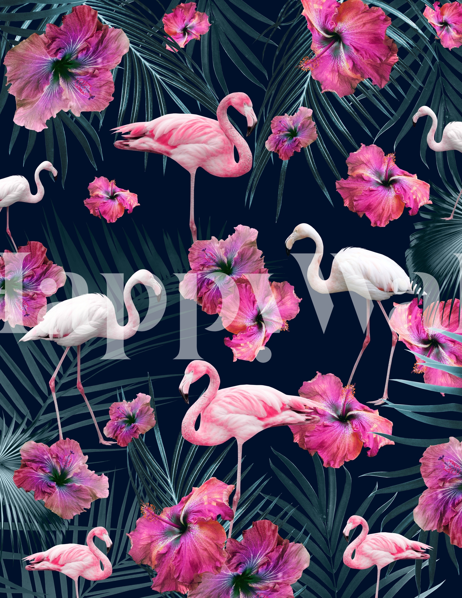 Flamingo Hibiscus Jungle 1 Wallpaper | Happywall.com